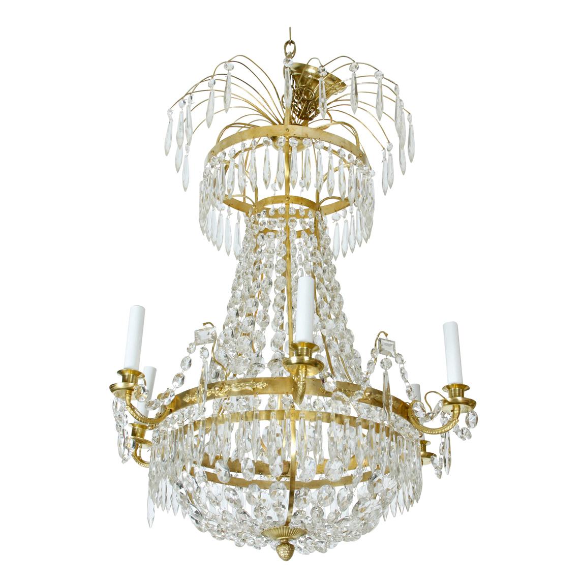Crystal and Brass Swedish Chandelier In Good Condition For Sale In Locust Valley, NY