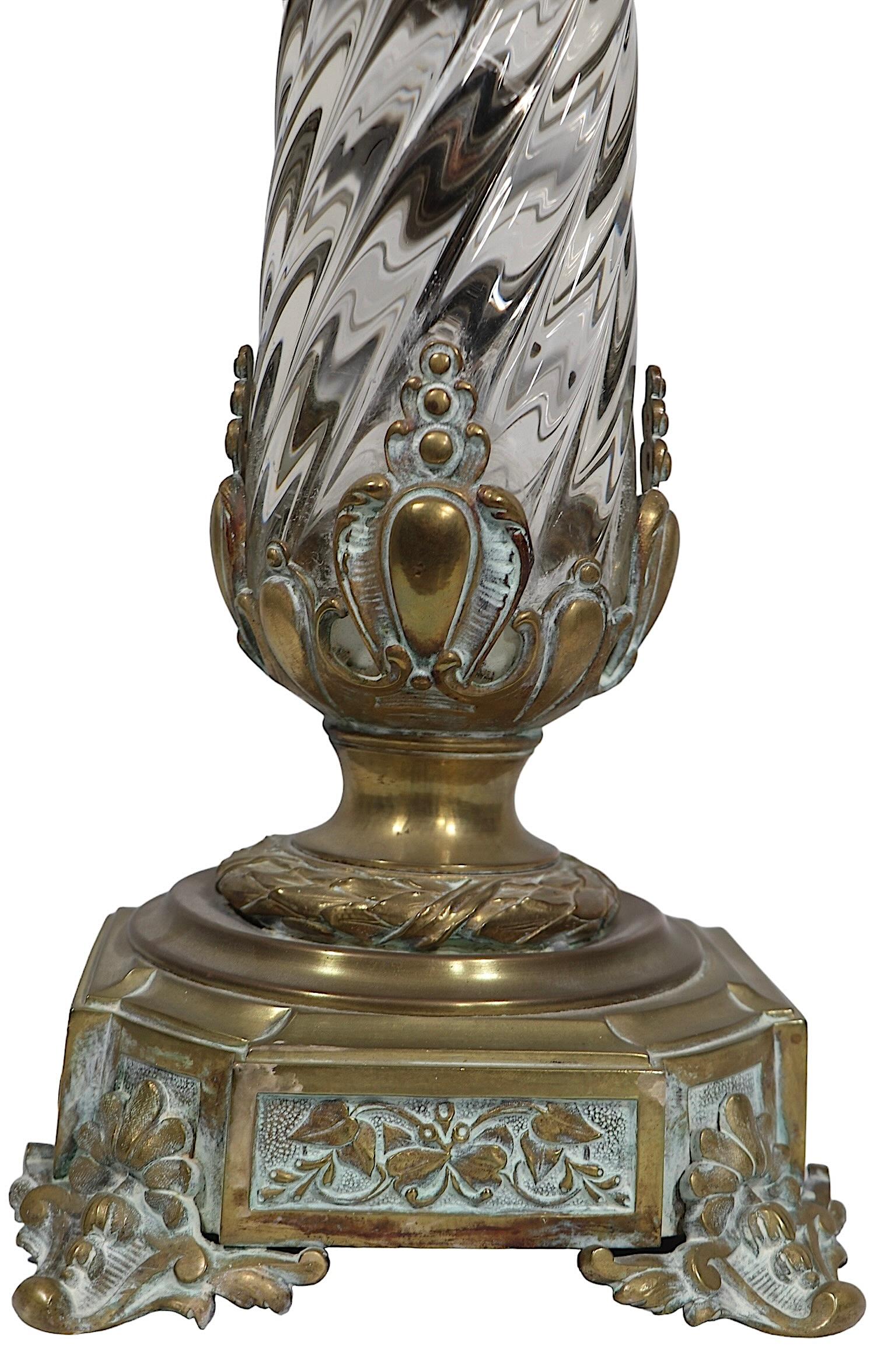 Neoclassical Crystal and Brass Swirl Twist Glass table Lamp att. to Baccarat c 19th C. For Sale