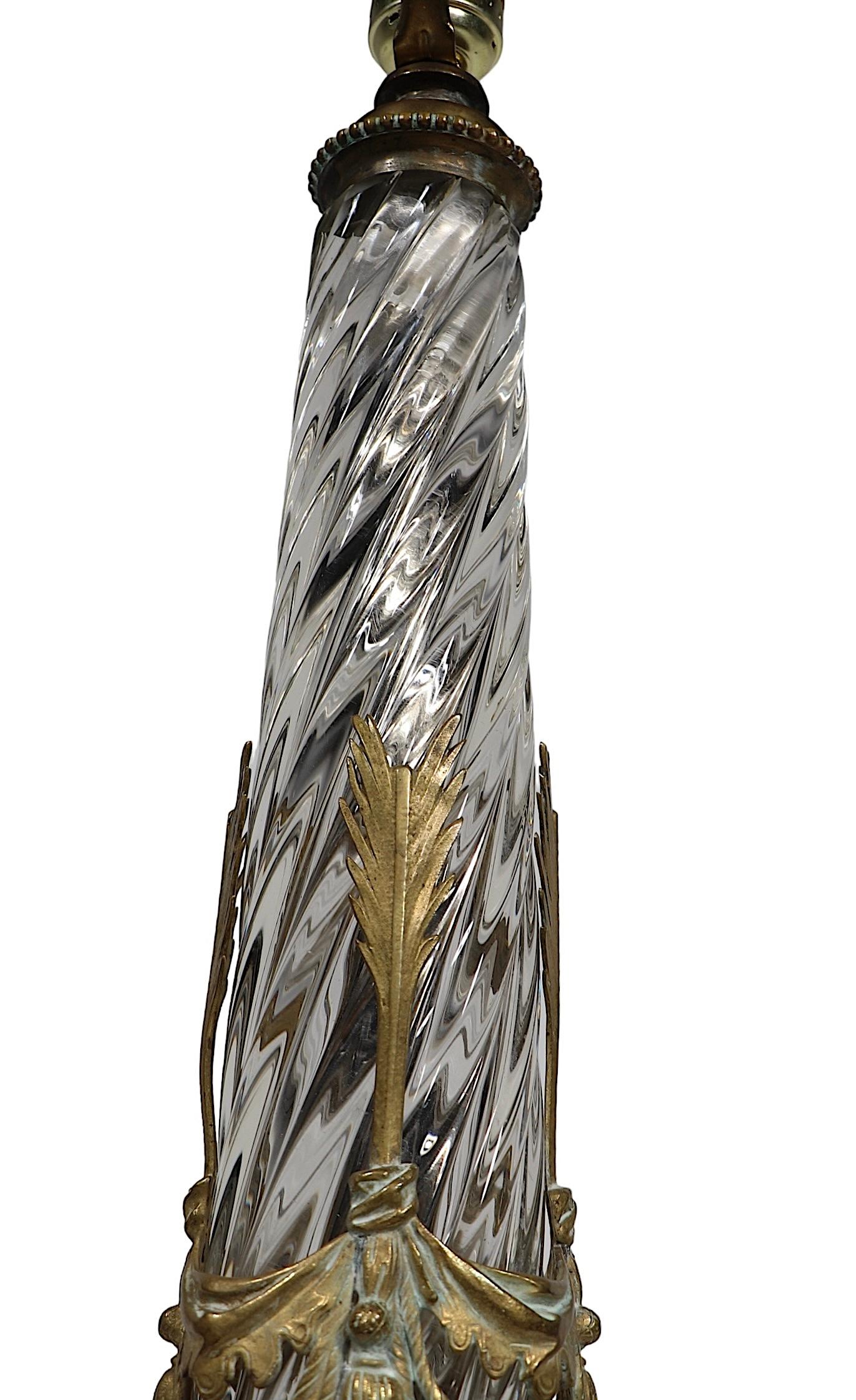 French Crystal and Brass Swirl Twist Glass table Lamp att. to Baccarat c 19th C. For Sale
