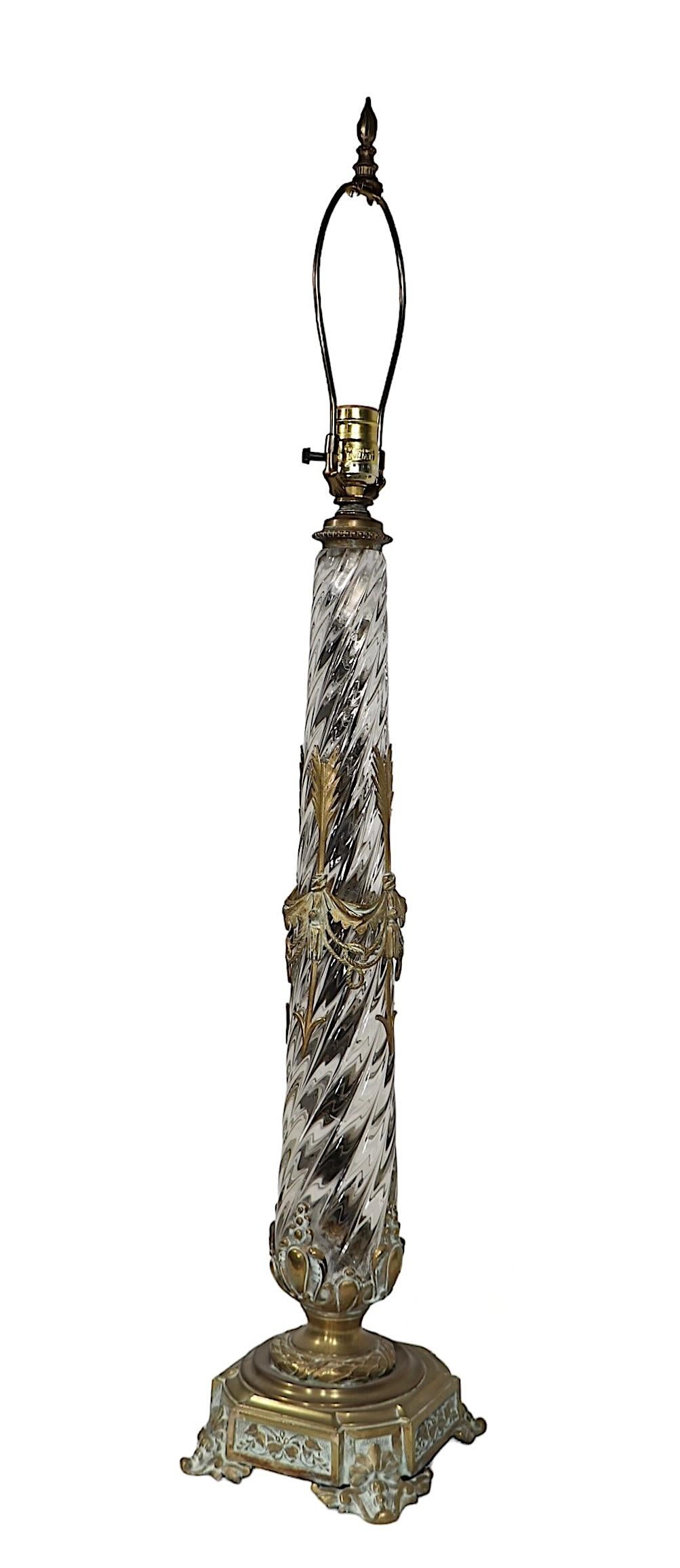 19th Century Crystal and Brass Swirl Twist Glass table Lamp att. to Baccarat c 19th C. For Sale