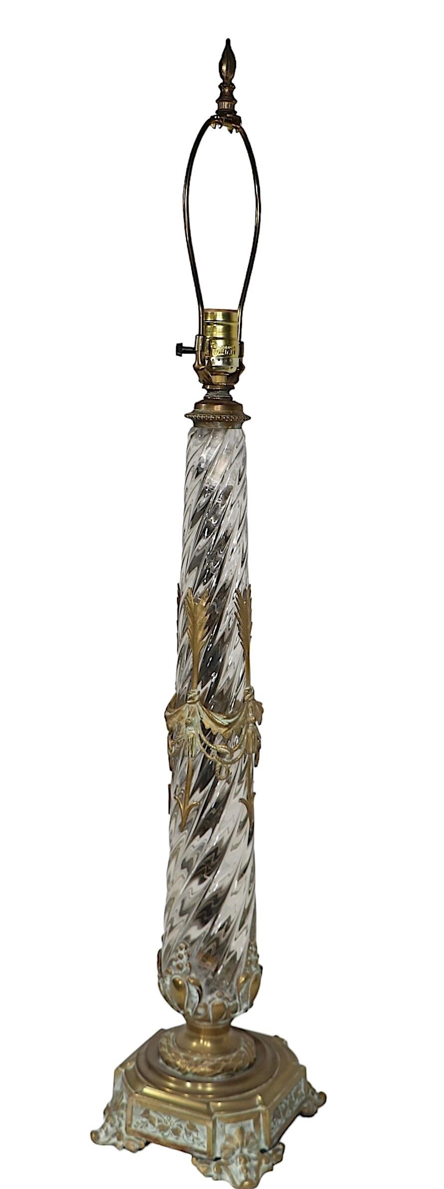 Crystal and Brass Swirl Twist Glass table Lamp att. to Baccarat c 19th C. For Sale 1