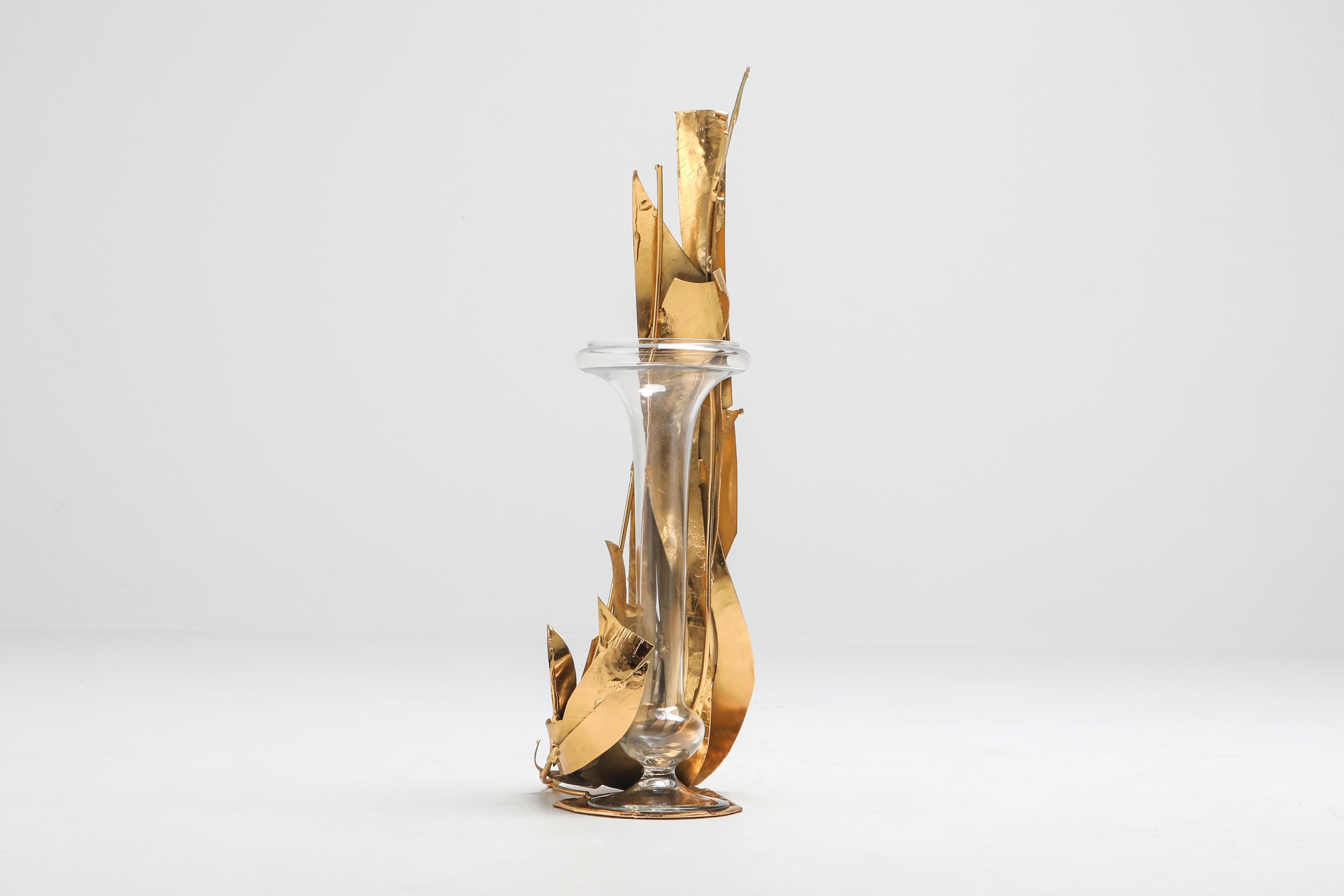 European Crystal and Brass Vase by Marc D'Haenens