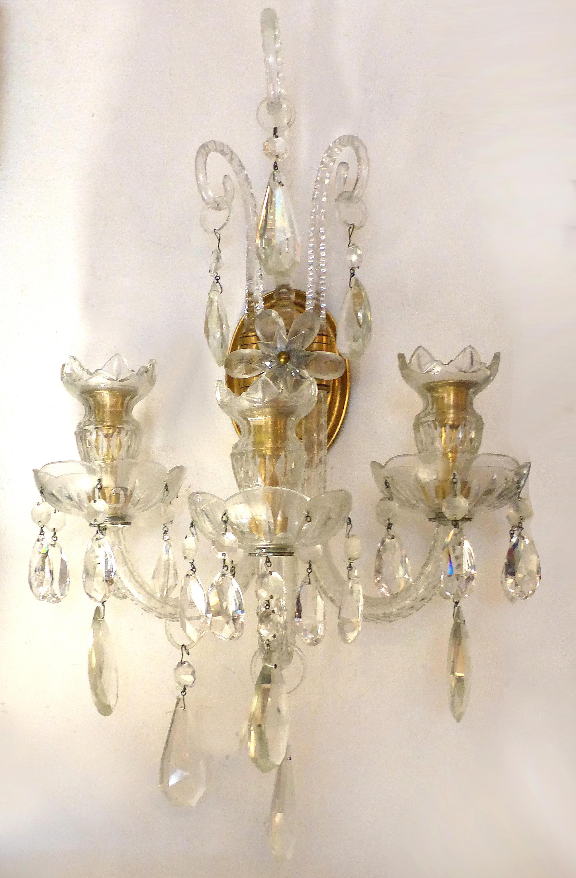 Crystal and Bronze 1940s 3-Arm Original Candle Sconces 4