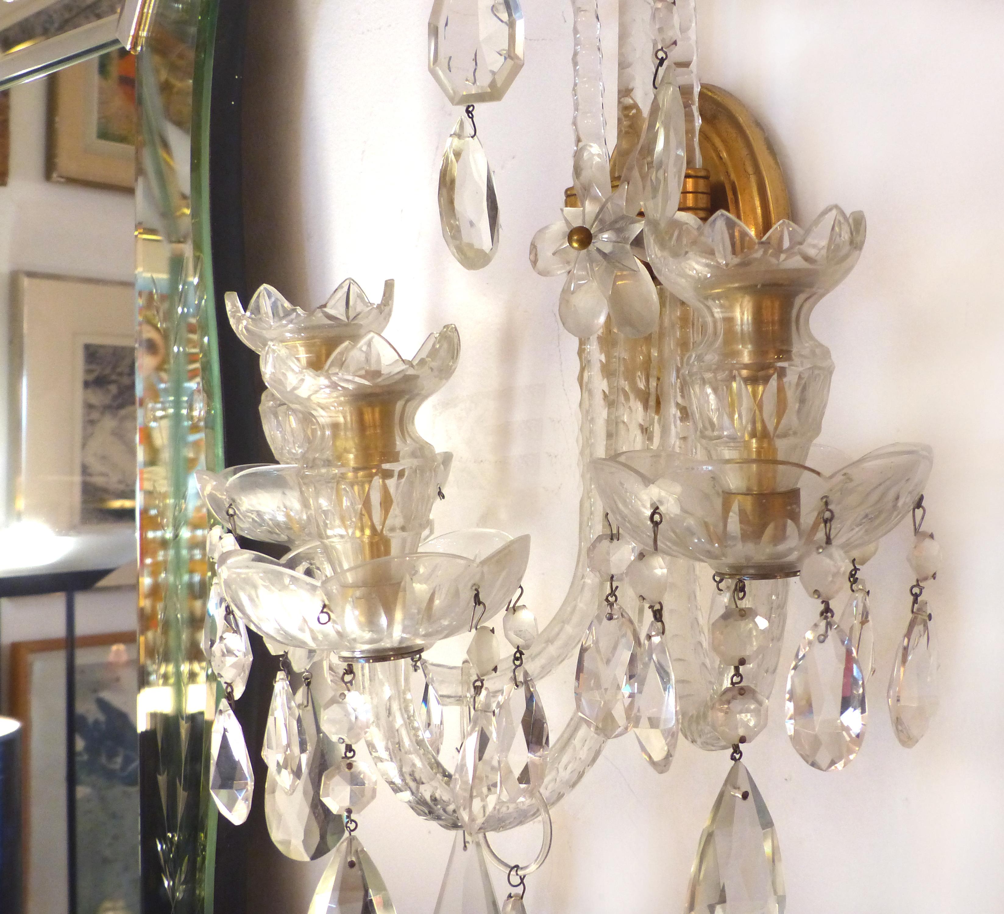 Art Deco Crystal and Bronze 1940s 3-Arm Original Candle Sconces