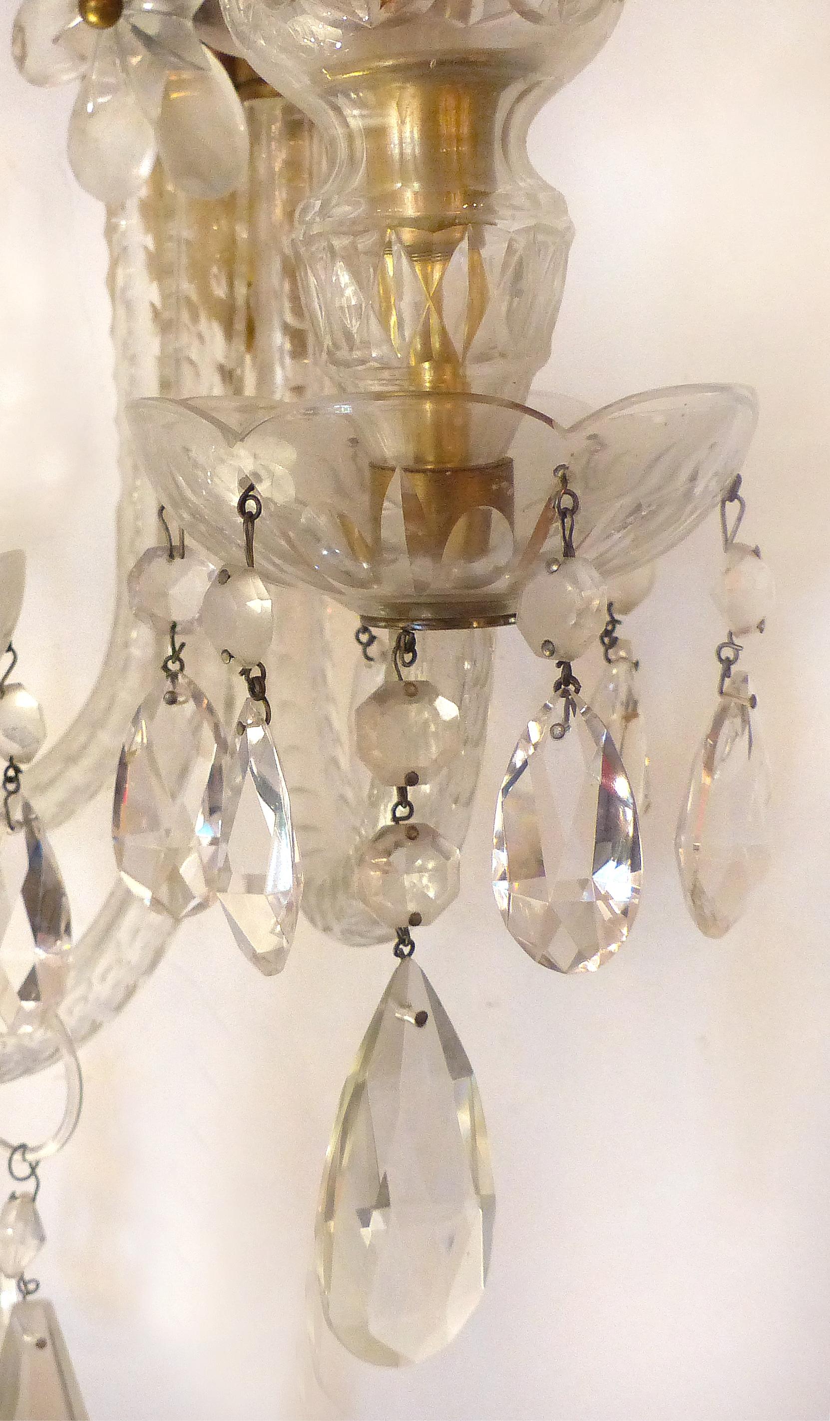 Crystal and Bronze 1940s 3-Arm Original Candle Sconces In Good Condition In Miami, FL