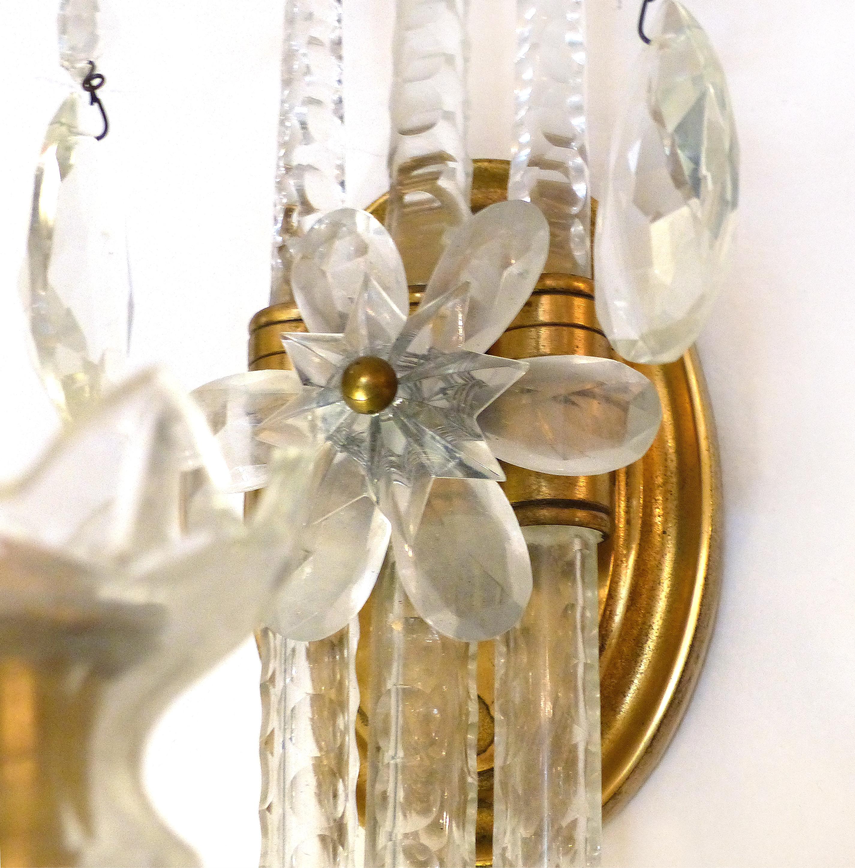 Crystal and Bronze 1940s 3-Arm Original Candle Sconces 1
