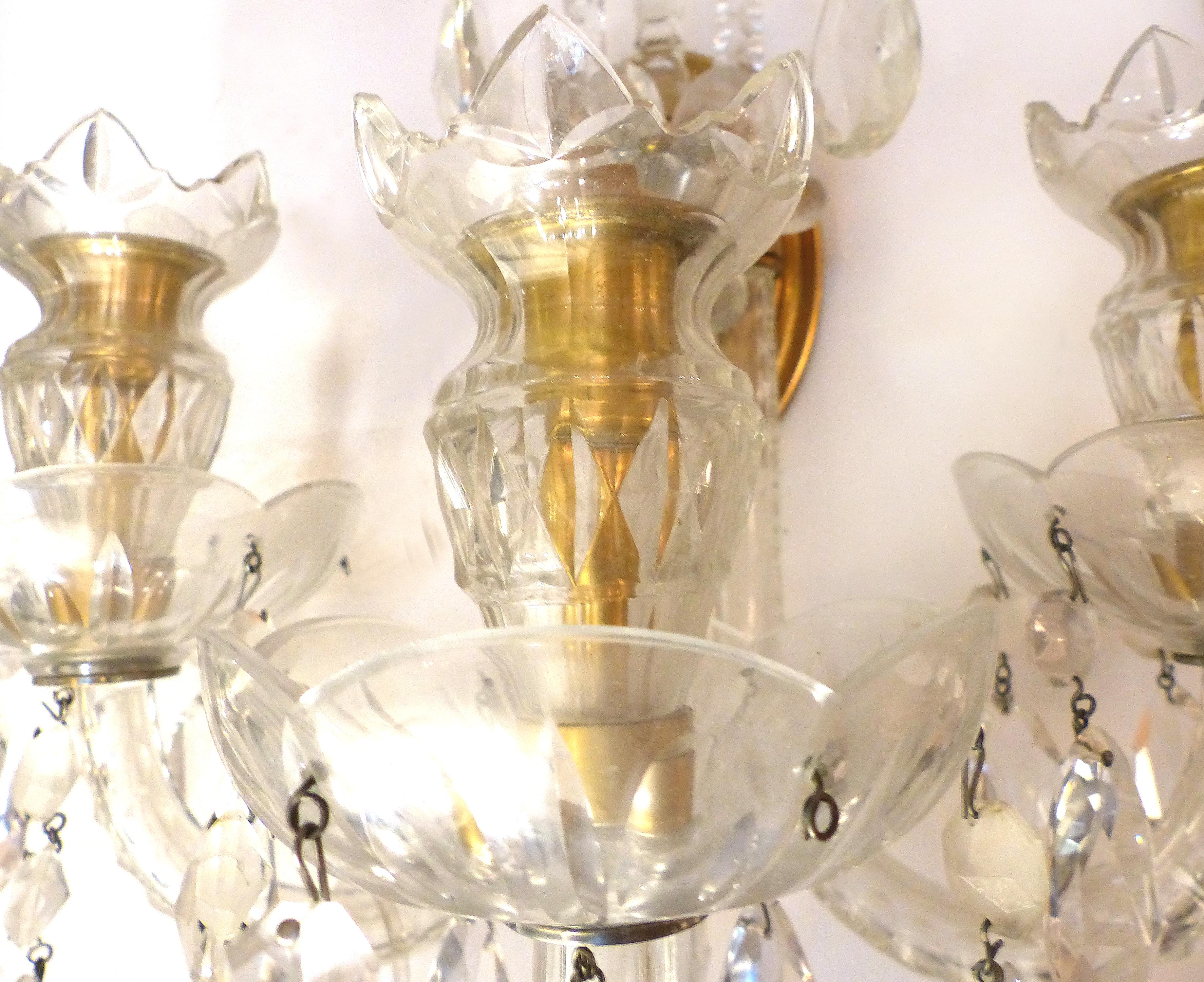 Crystal and Bronze 1940s 3-Arm Original Candle Sconces 2