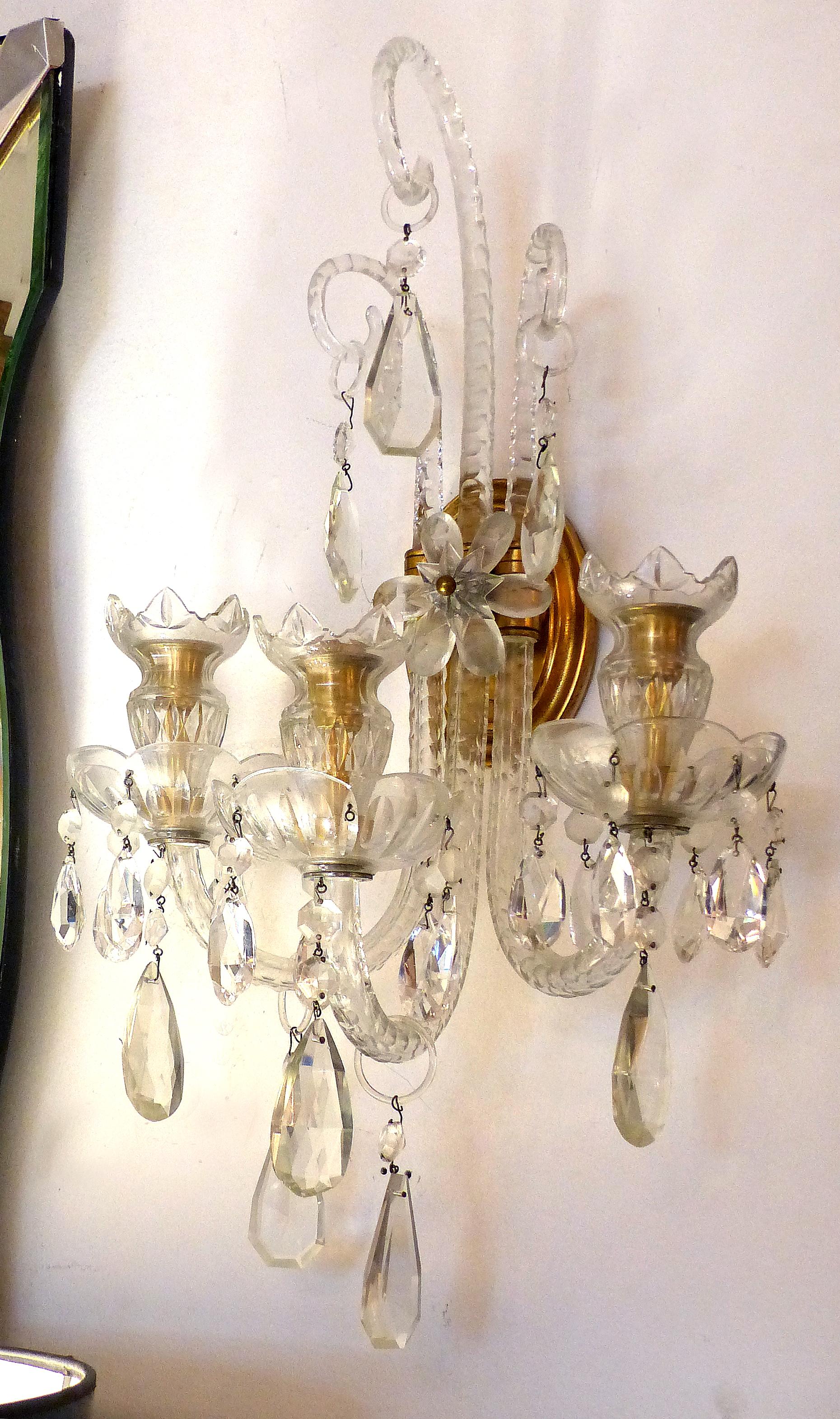 Crystal and Bronze 1940s 3-Arm Original Candle Sconces 3