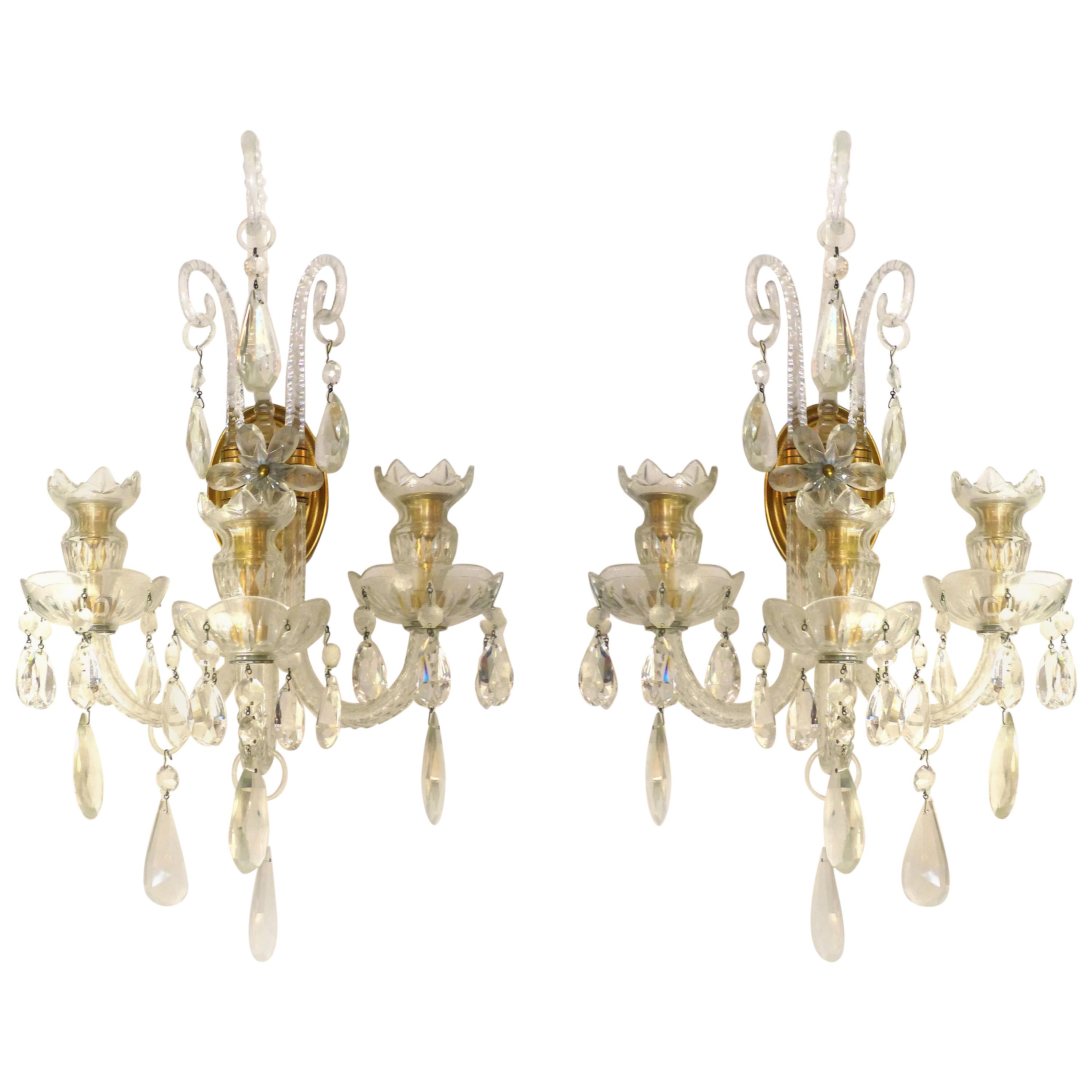 Crystal and Bronze 1940s 3-Arm Original Candle Sconces