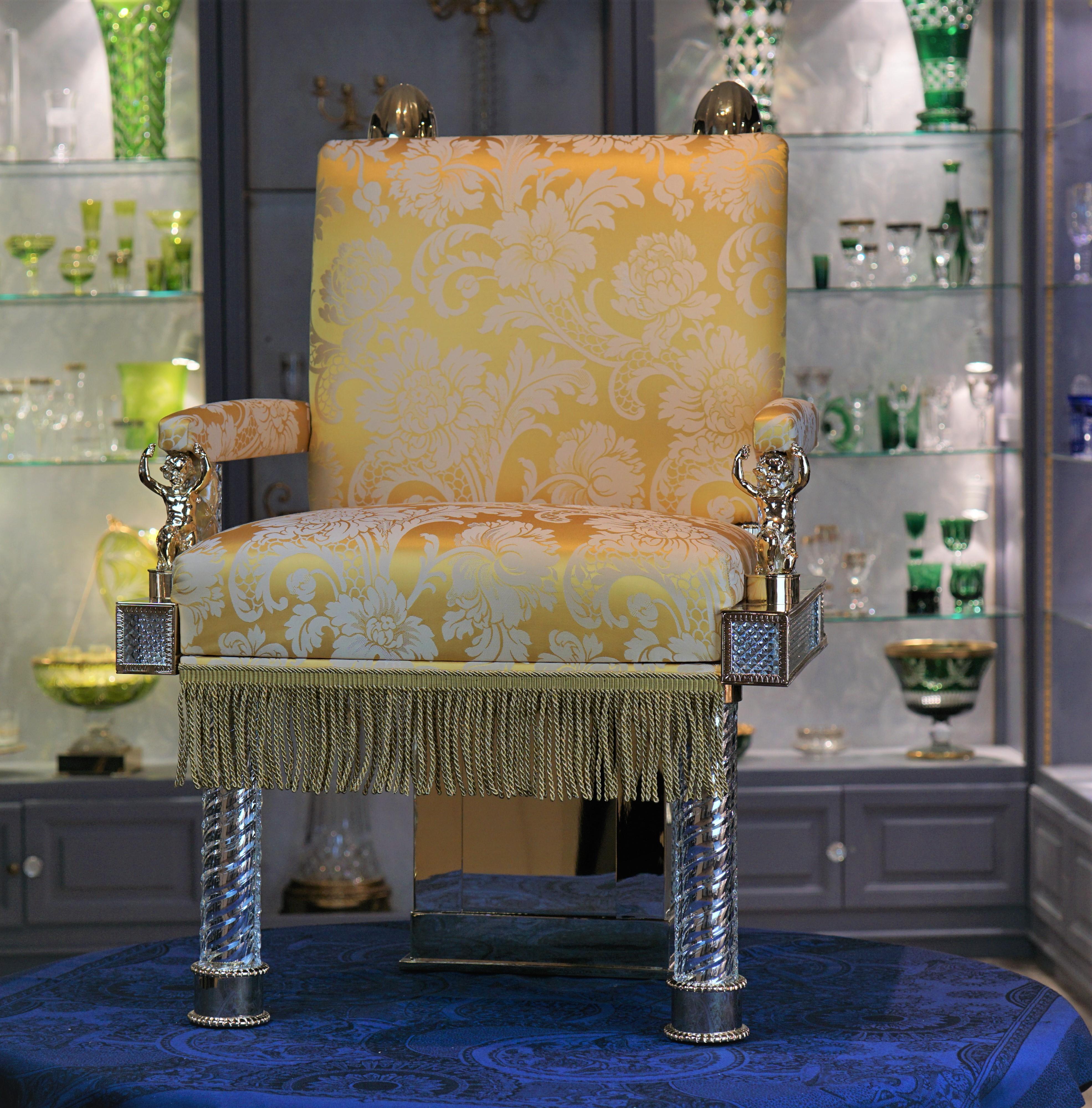 Custom made crystal and bronze chair.

This chair is a replica of the duchess of berry's armchair which can be contemplated in the Louvre in Paris.

This chair is entirely made to measure. The crystal is mouth-blown, handcut and polished in our