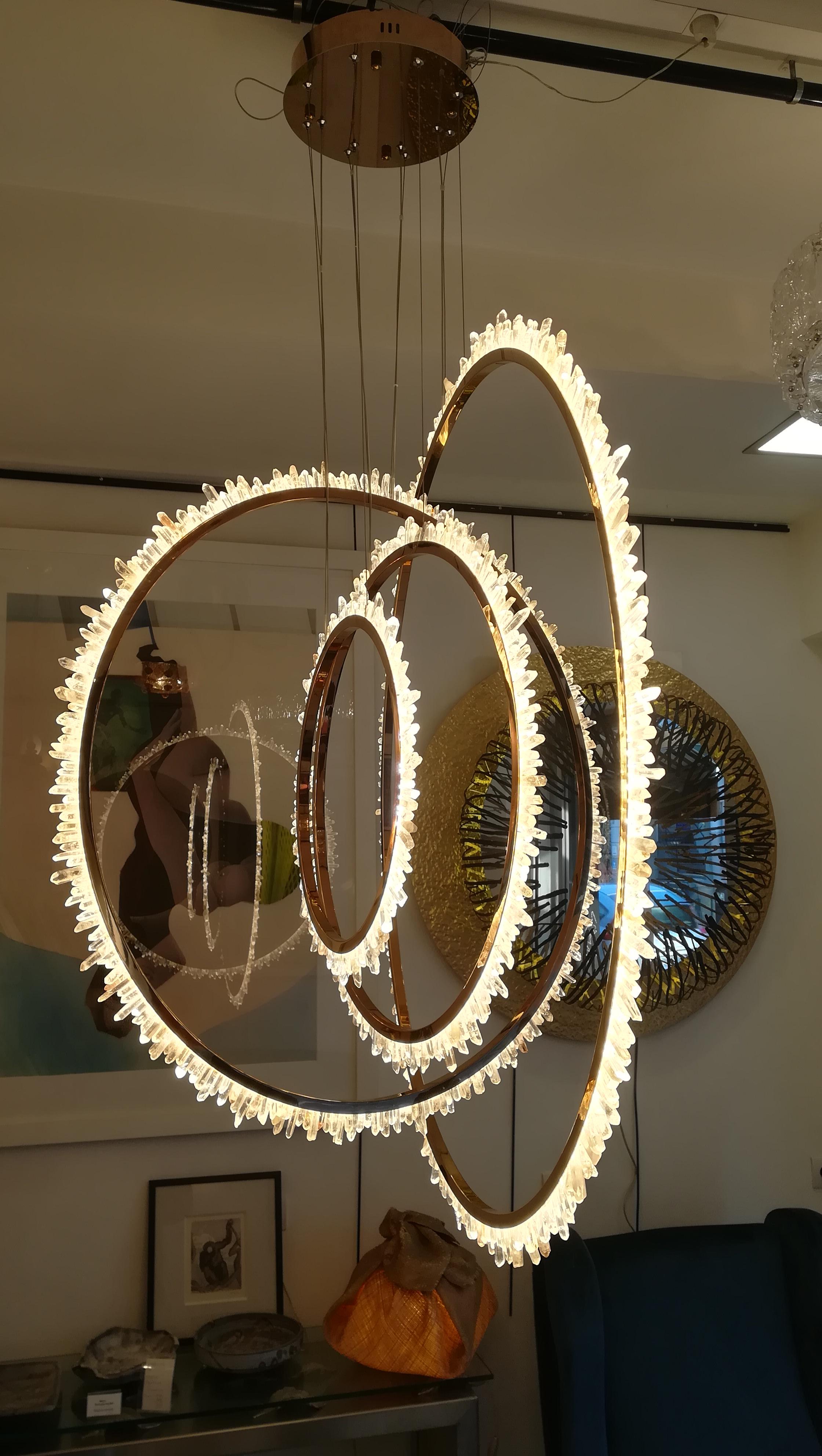 Rock crystal and Brass Circles Ceiling Light For Sale 2