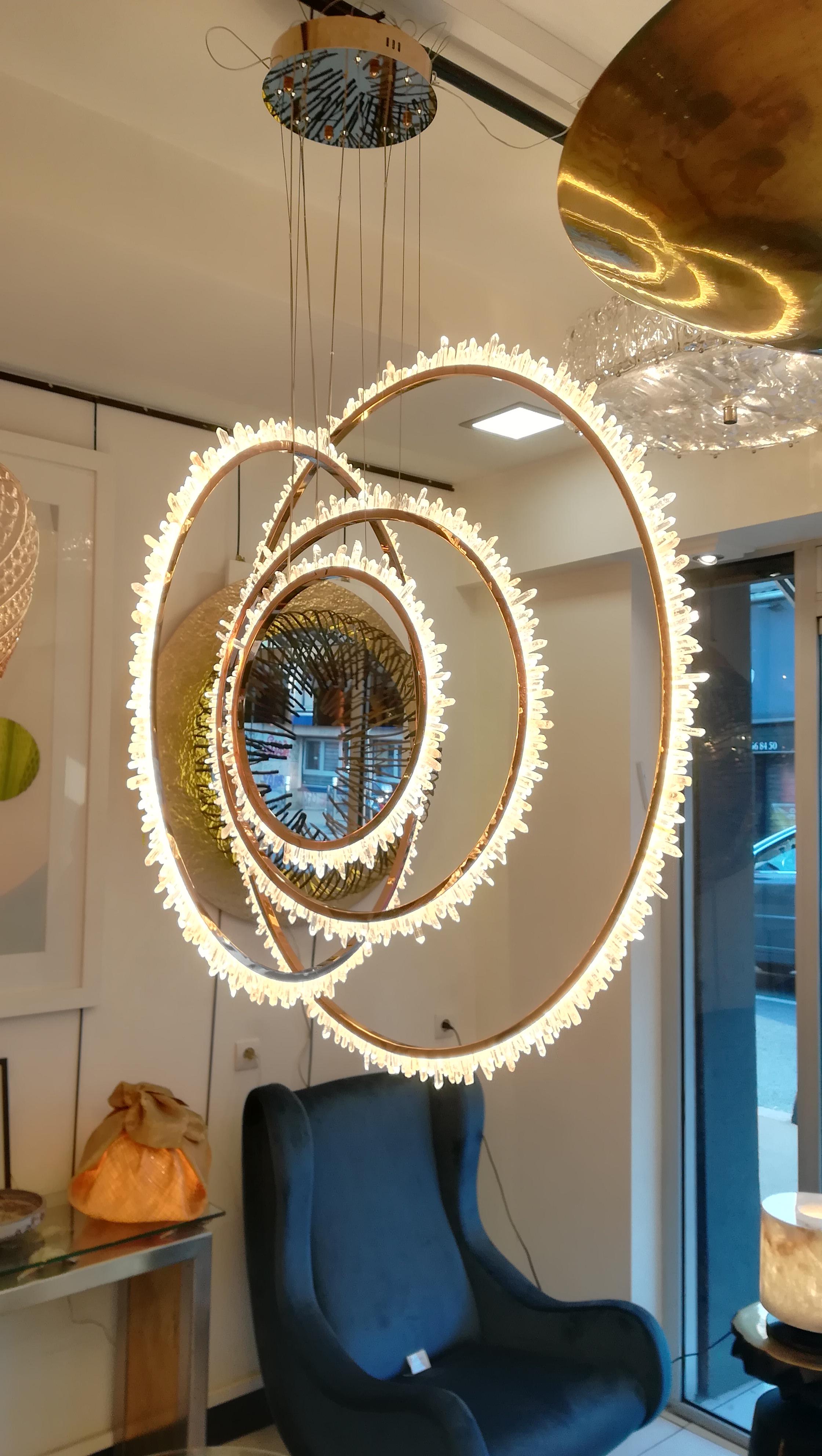 French Rock crystal and Brass Circles Ceiling Light For Sale