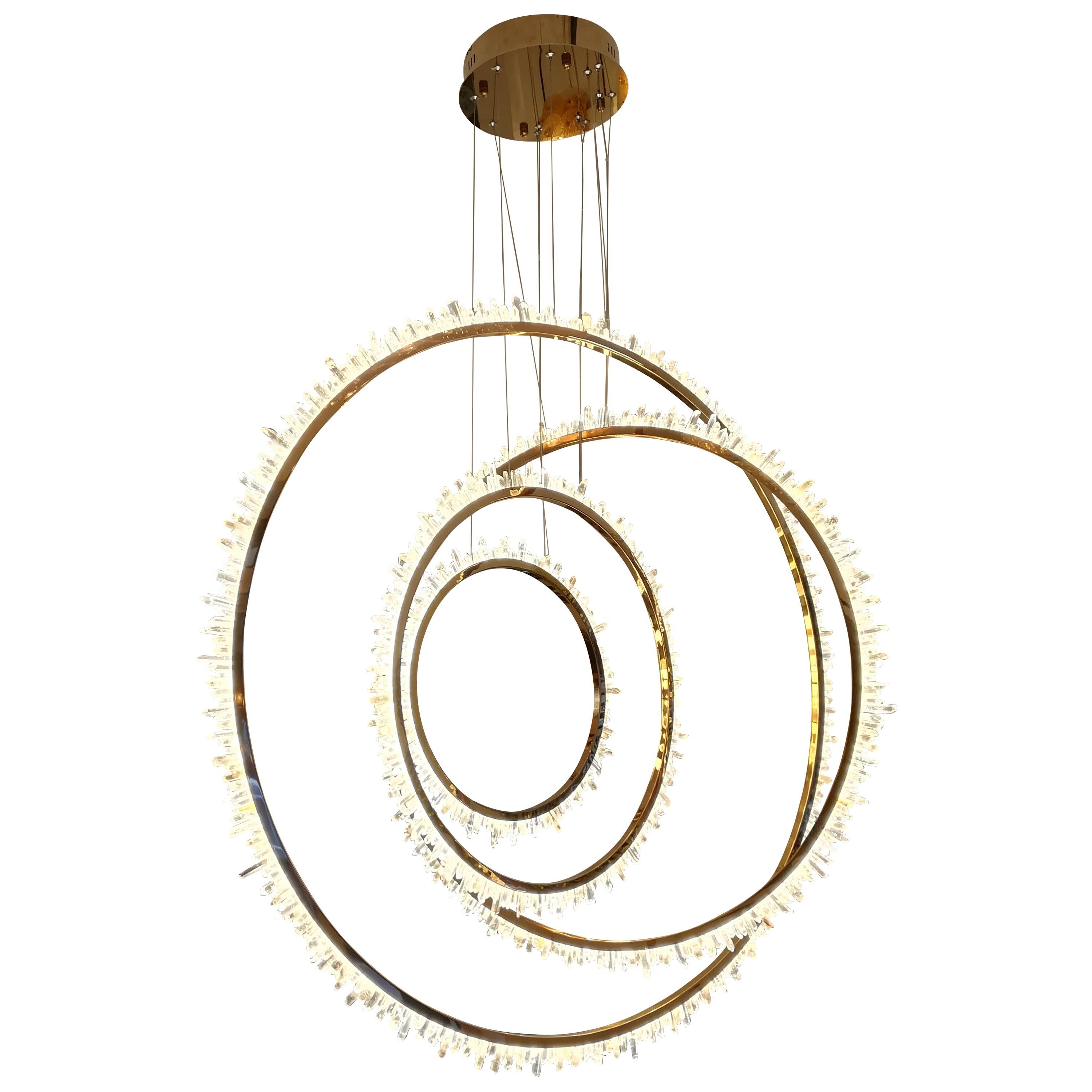 Rock crystal and Brass Circles Ceiling Light For Sale