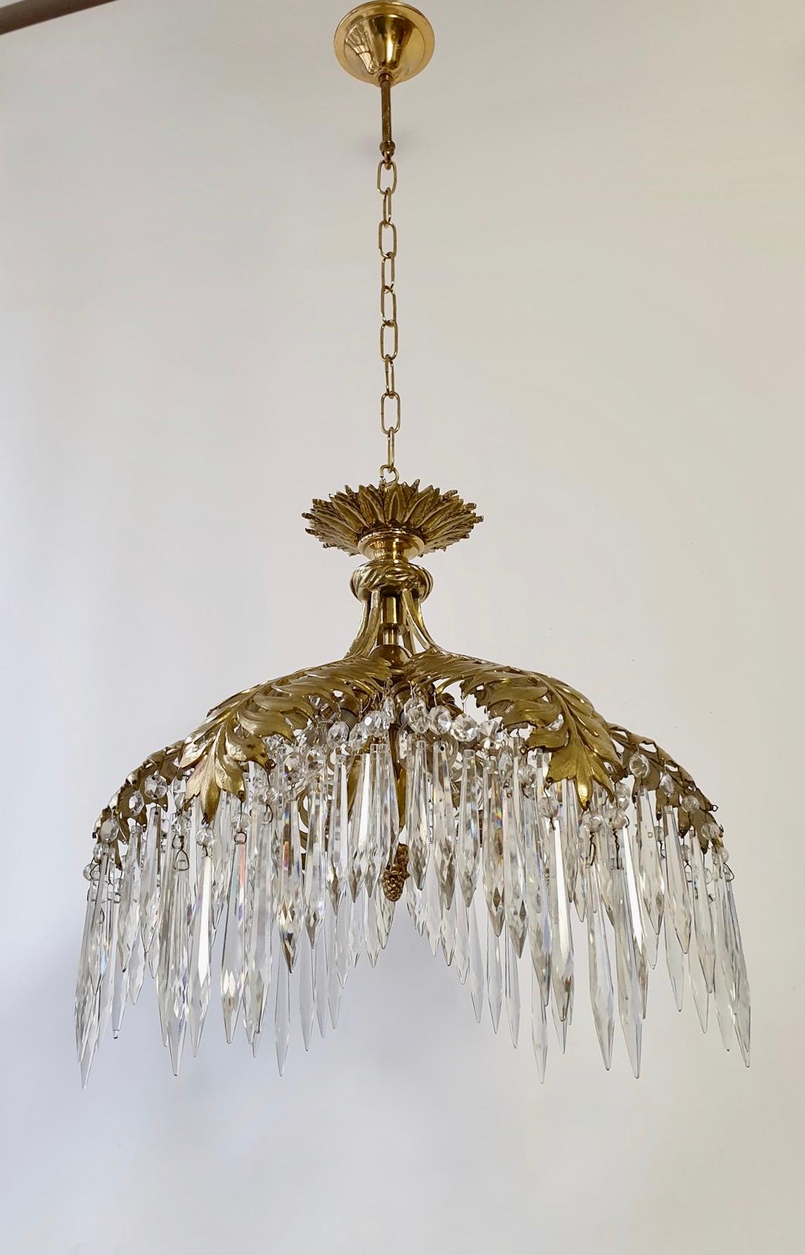 French Crystal and Bronze Gilt Palm Leaf Chandelier by Maison Jansen