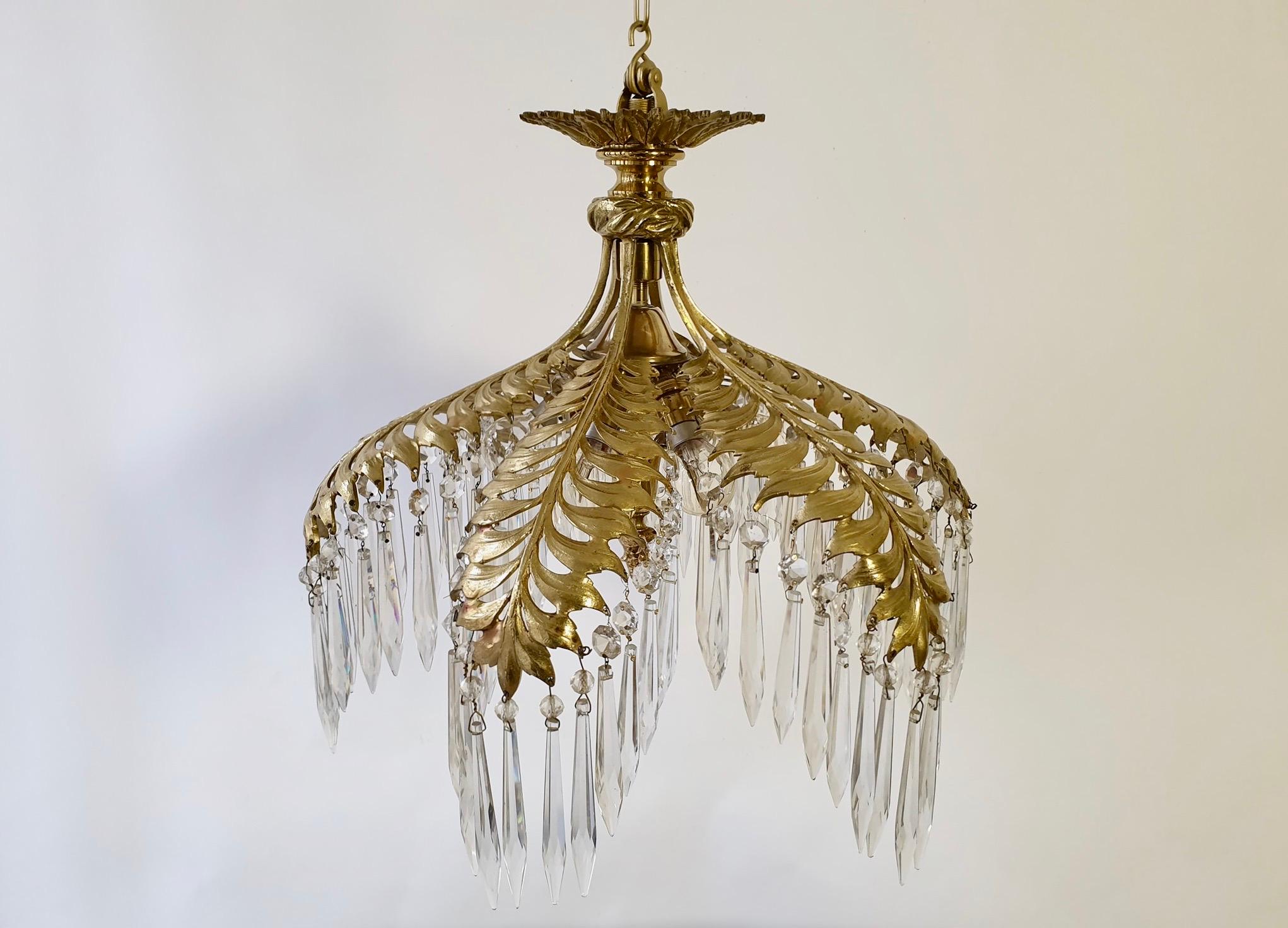 Crystal and Bronze Gilt Palm Leaf Chandelier by Maison Jansen In Good Condition In Antwerp, BE