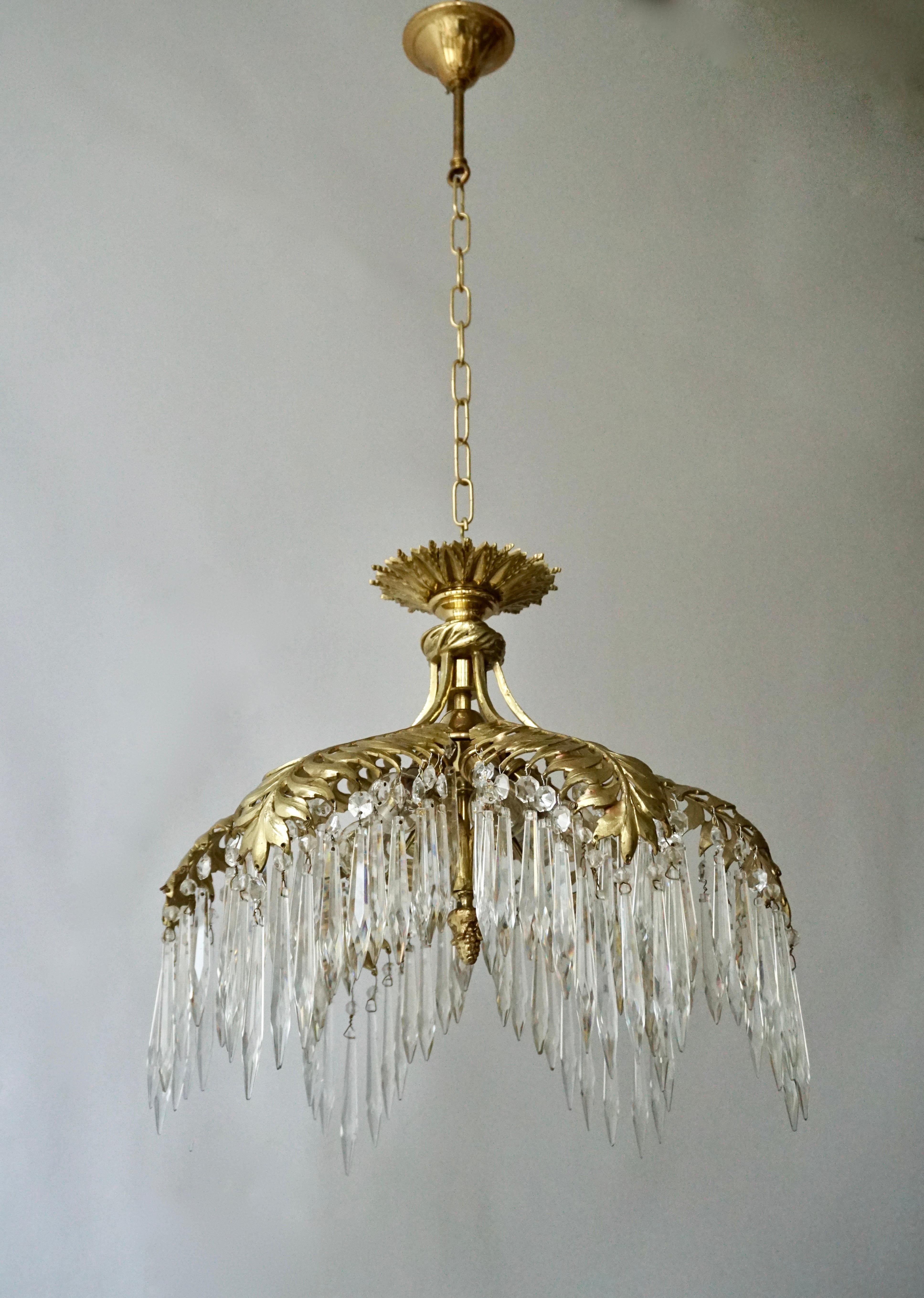 20th Century Crystal and Bronze Gilt Palm Leaf Chandelier by Maison Jansen