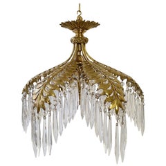 Antique Crystal and Bronze Gilt Palm Leaf Chandelier by Maison Jansen