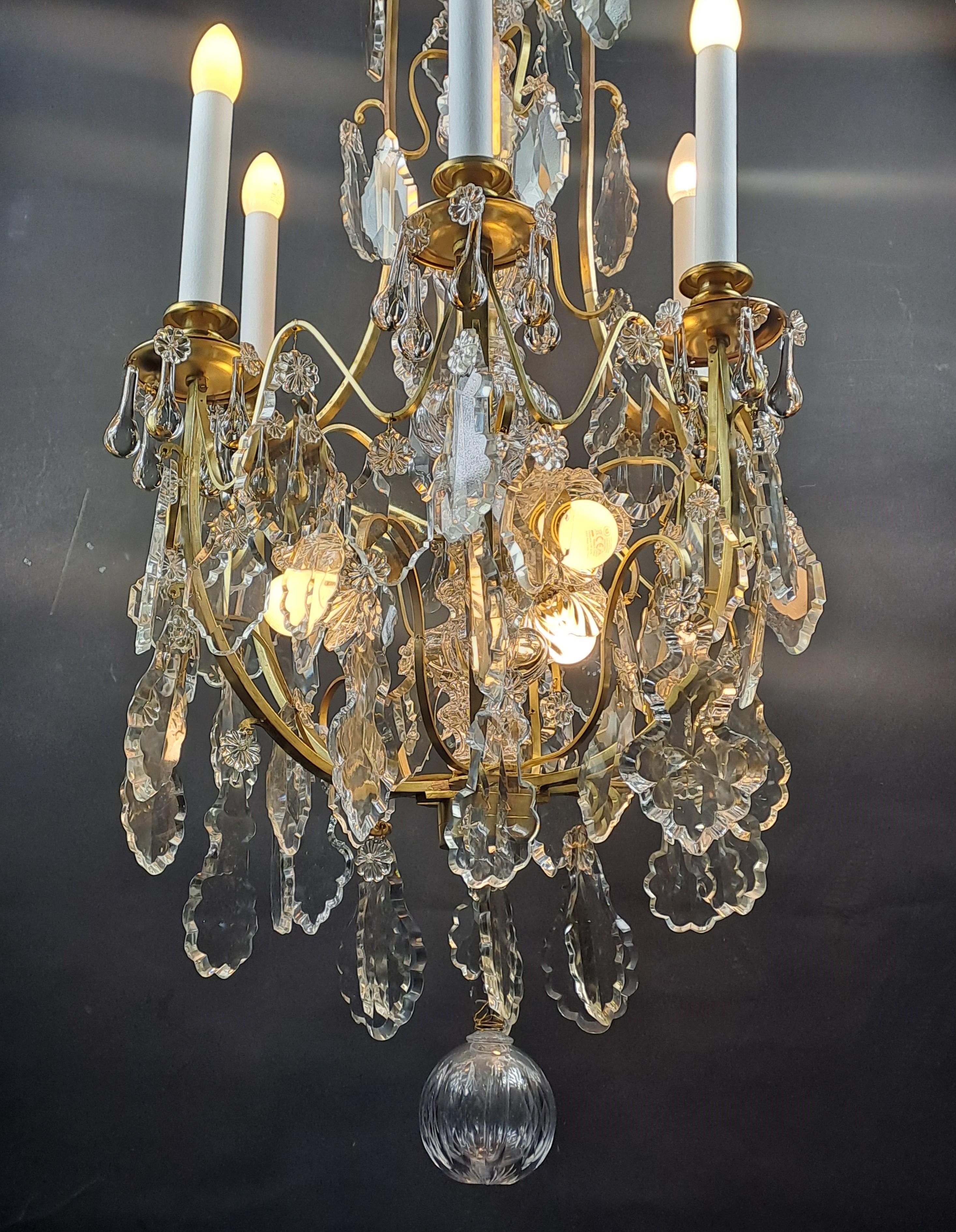 French Crystal And Gilded Bronze Cage Chandelier For Sale