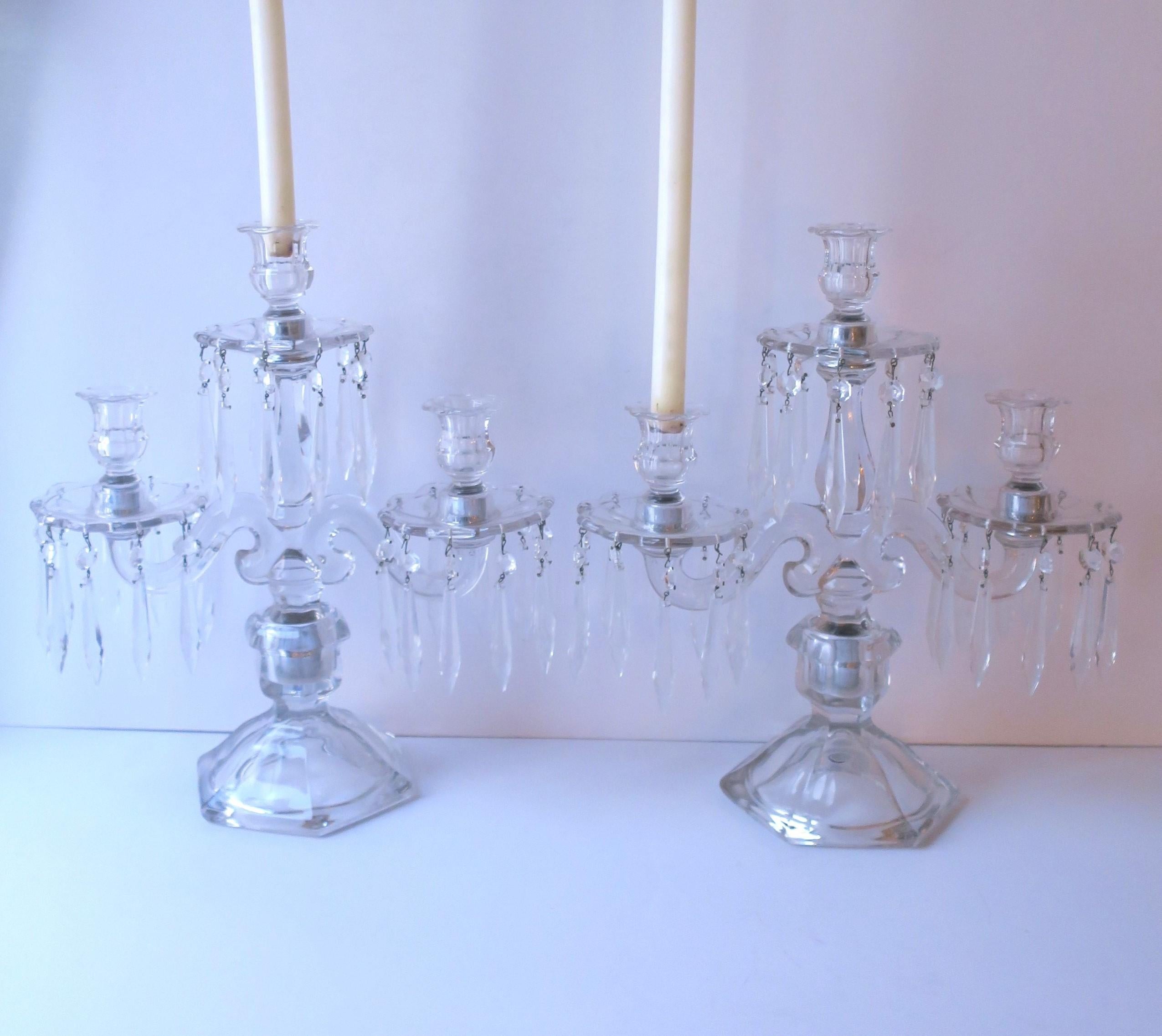 Crystal and Glass Candlesticks Candelabras, Pair In Excellent Condition For Sale In New York, NY