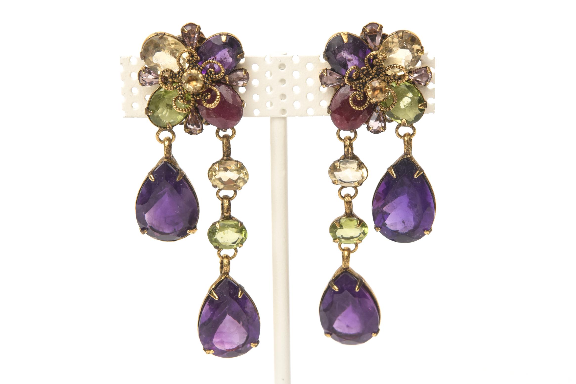 Modern Crystal and Glass Iradj Style Green and Purple C&D Clip on Dangle Earrings