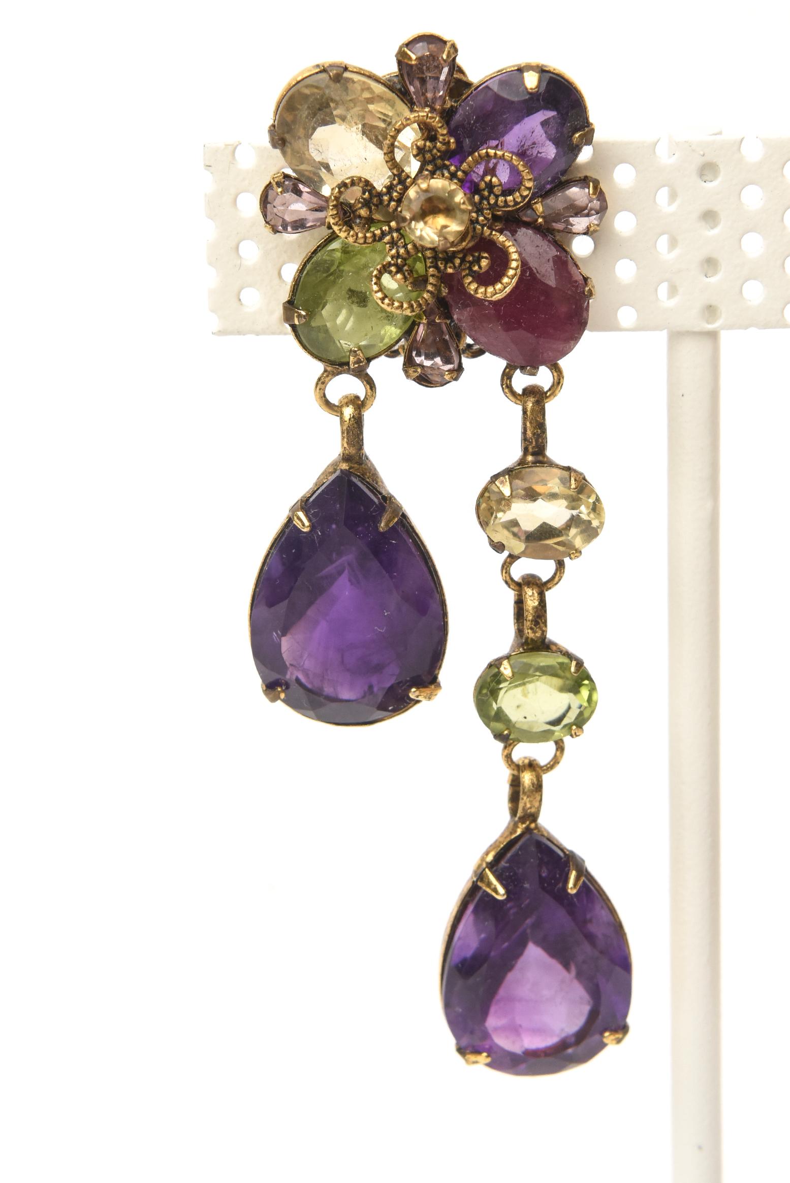 Ball Cut Crystal and Glass Iradj Style Green and Purple C&D Clip on Dangle Earrings