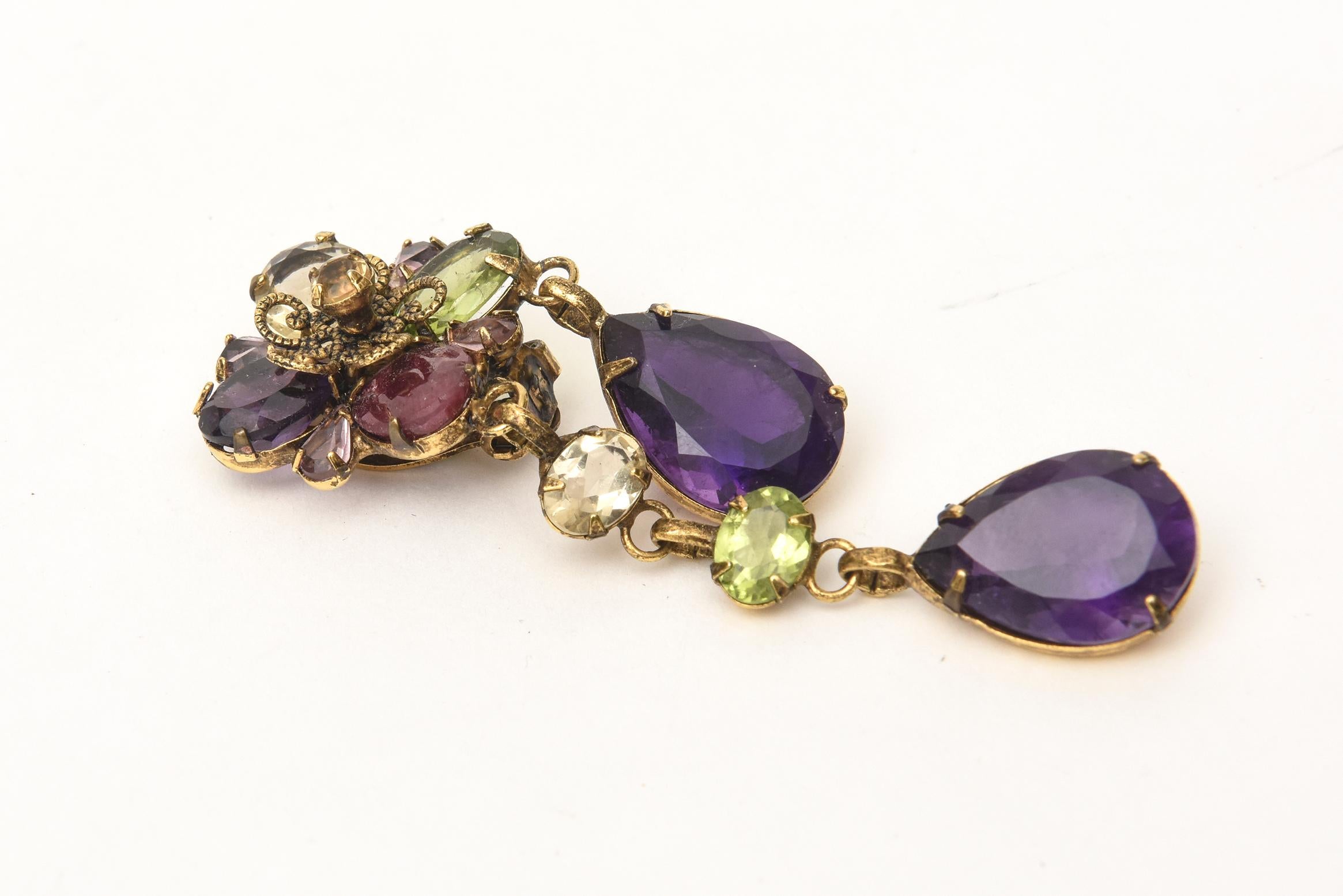 Crystal and Glass Iradj Style Green and Purple C&D Clip on Dangle Earrings In Good Condition In North Miami, FL