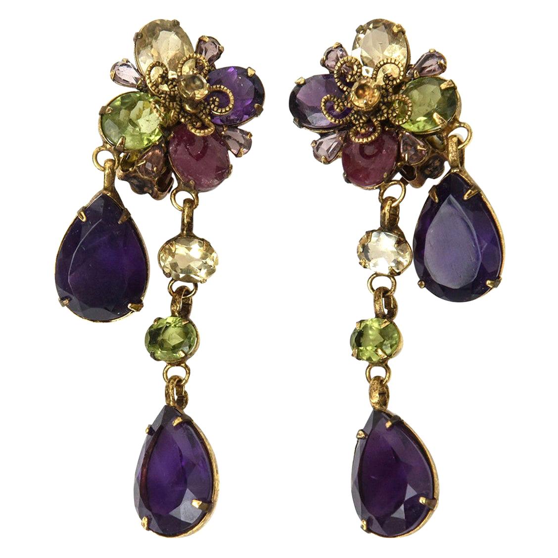 Crystal and Glass Iradj Style Green and Purple C&D Clip on Dangle Earrings