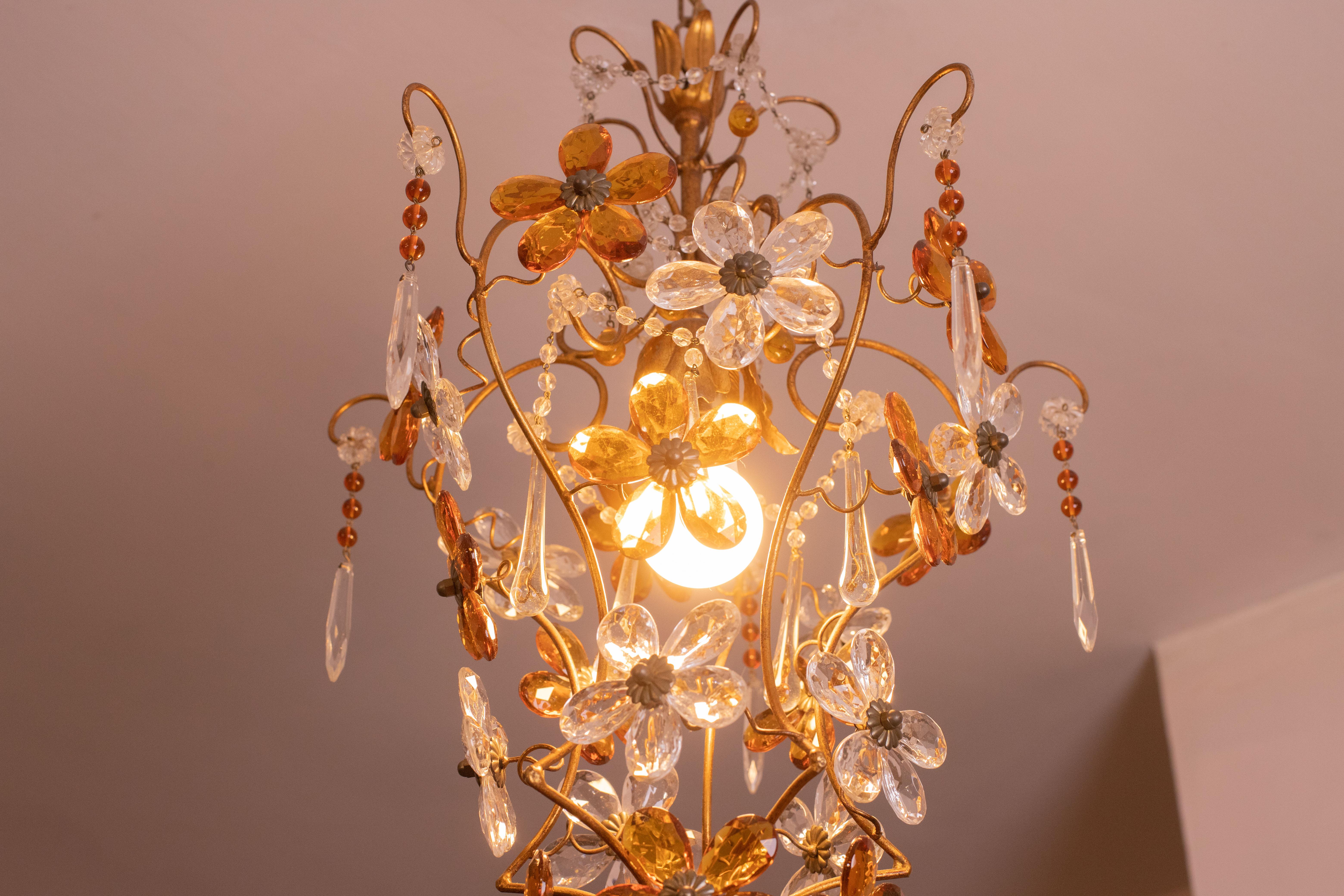 Crystal and Murano Glass Orange Flowers Chandelier, 1970s For Sale 6