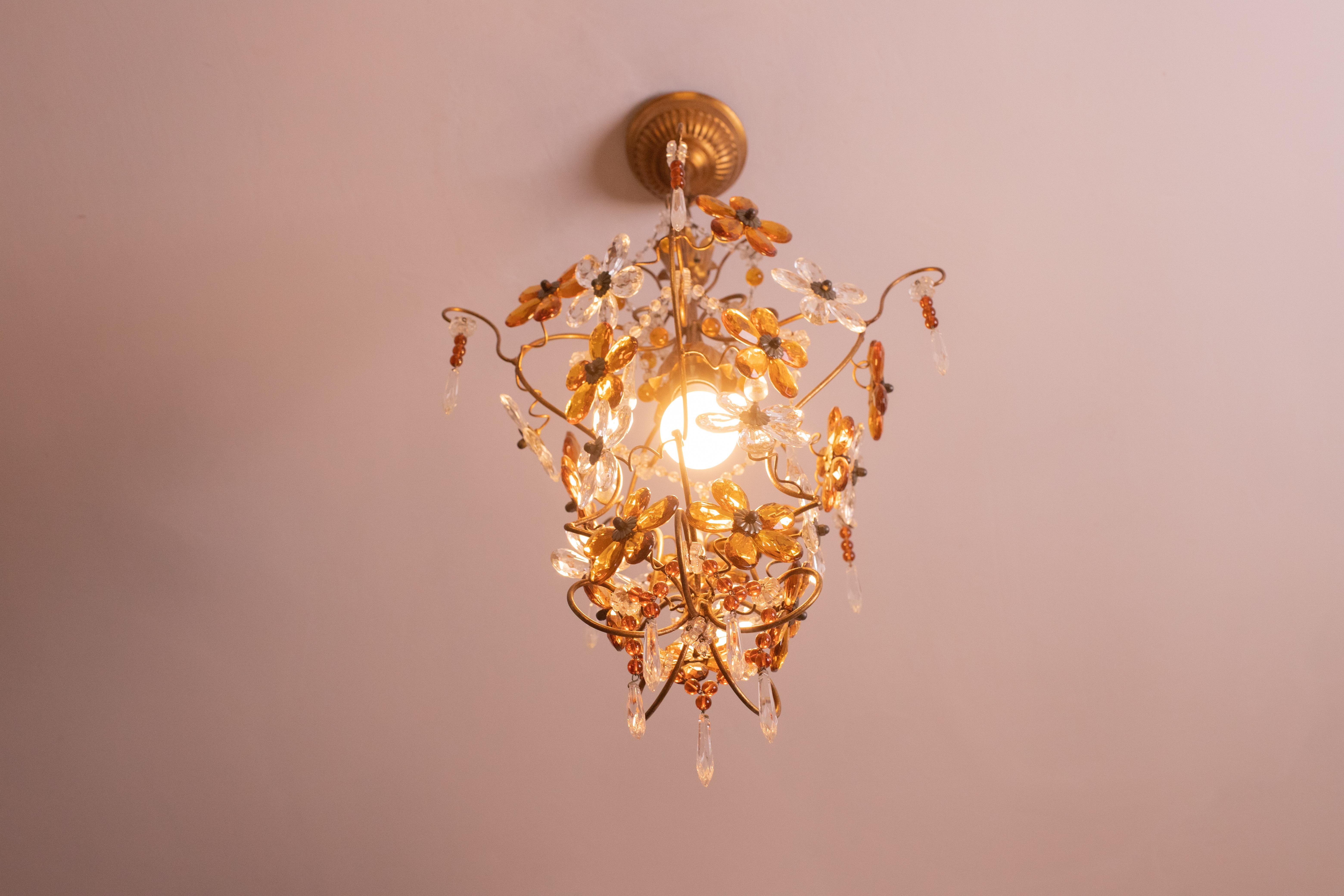 Crystal and Murano Glass Orange Flowers Chandelier, 1970s For Sale 7