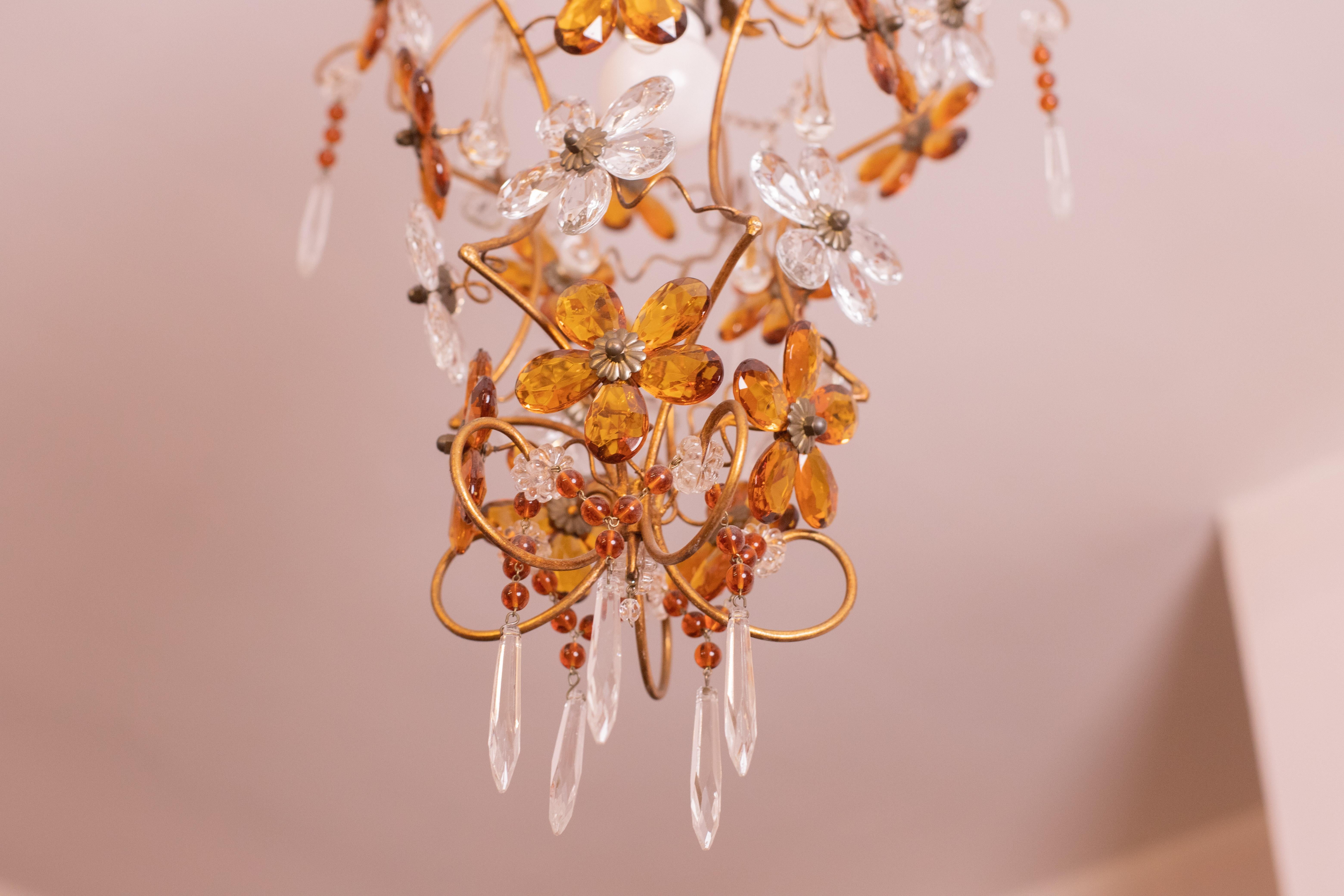 Late 20th Century Crystal and Murano Glass Orange Flowers Chandelier, 1970s For Sale