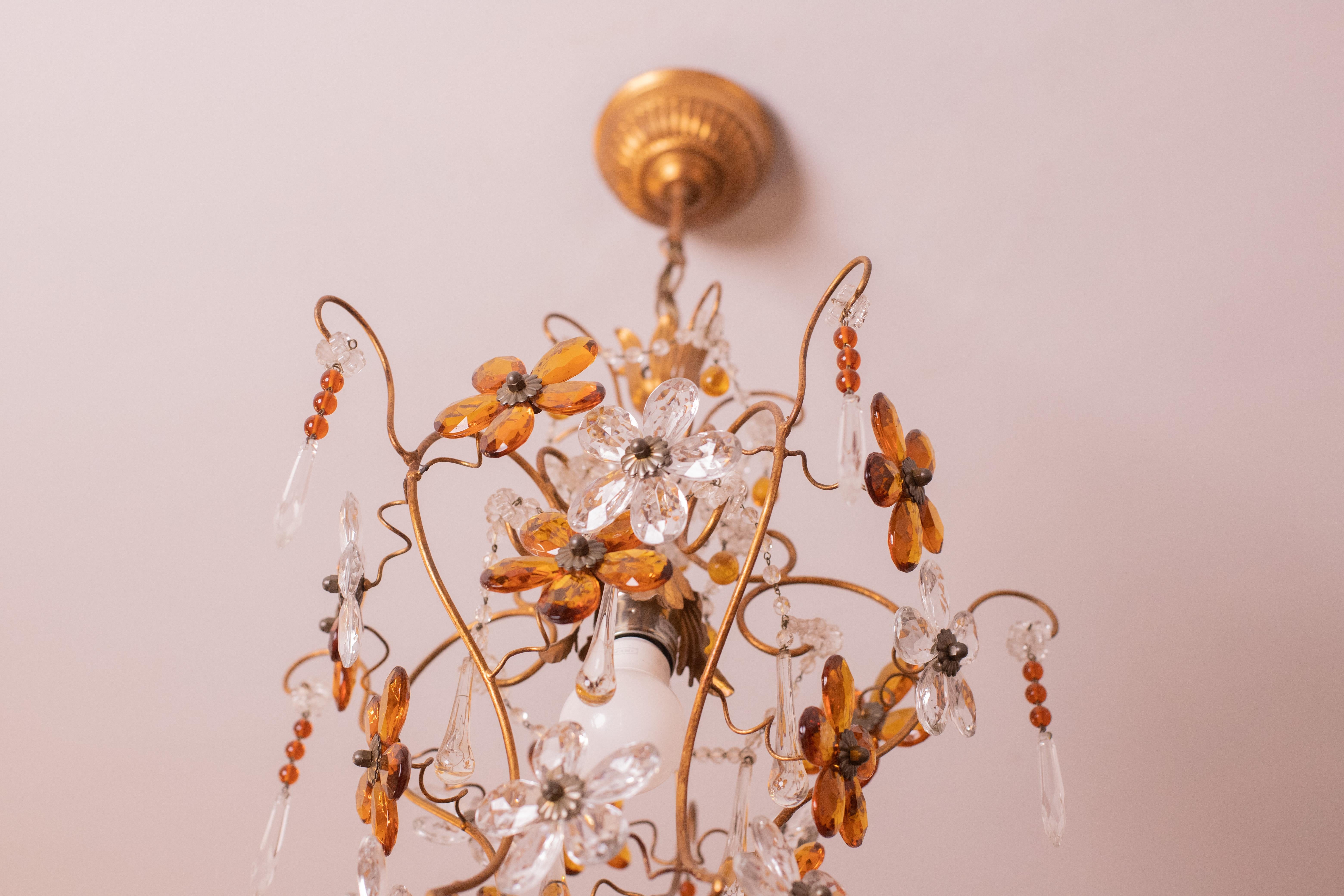 Crystal and Murano Glass Orange Flowers Chandelier, 1970s For Sale 1