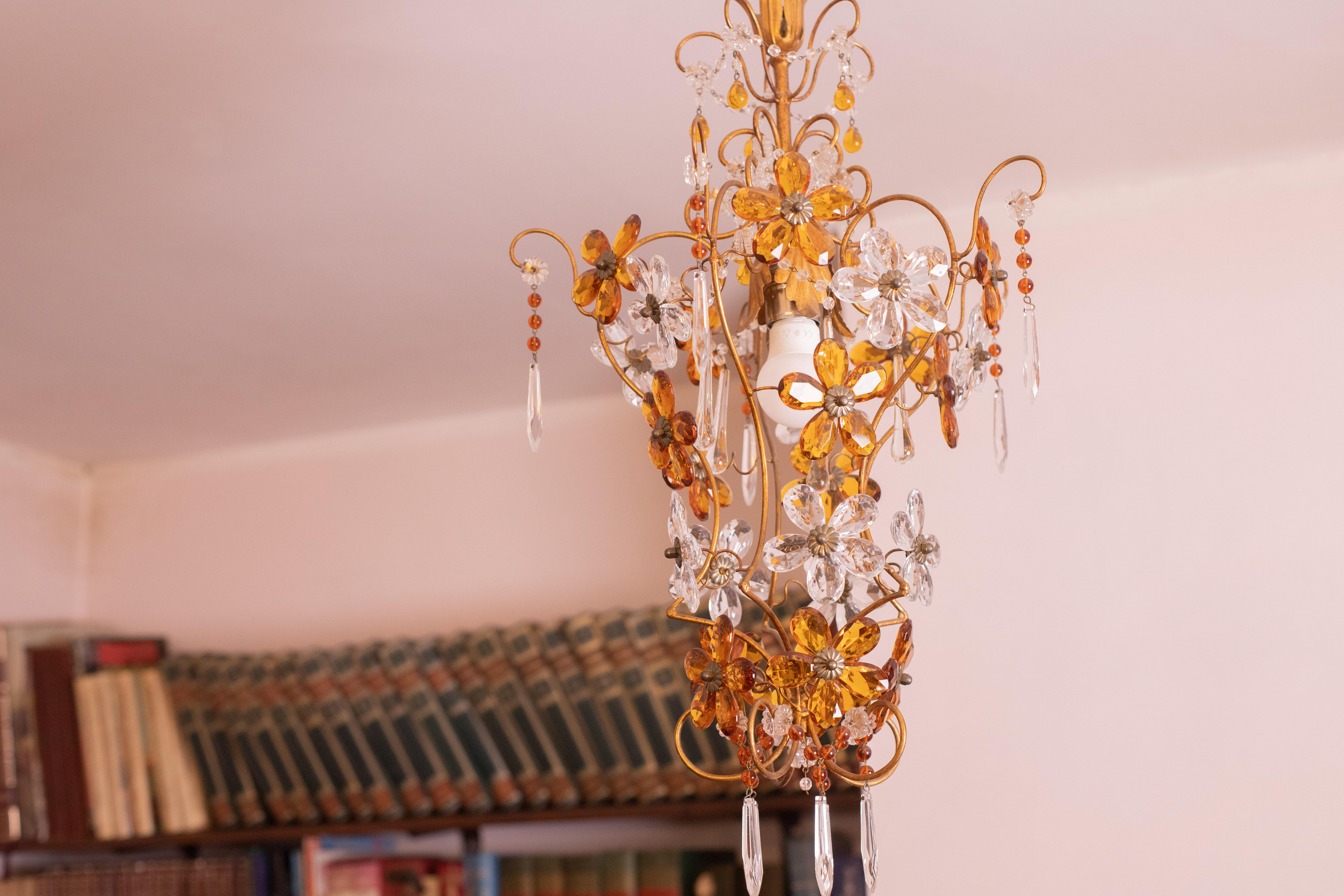 Crystal and Murano Glass Orange Flowers Chandelier, 1970s For Sale 2