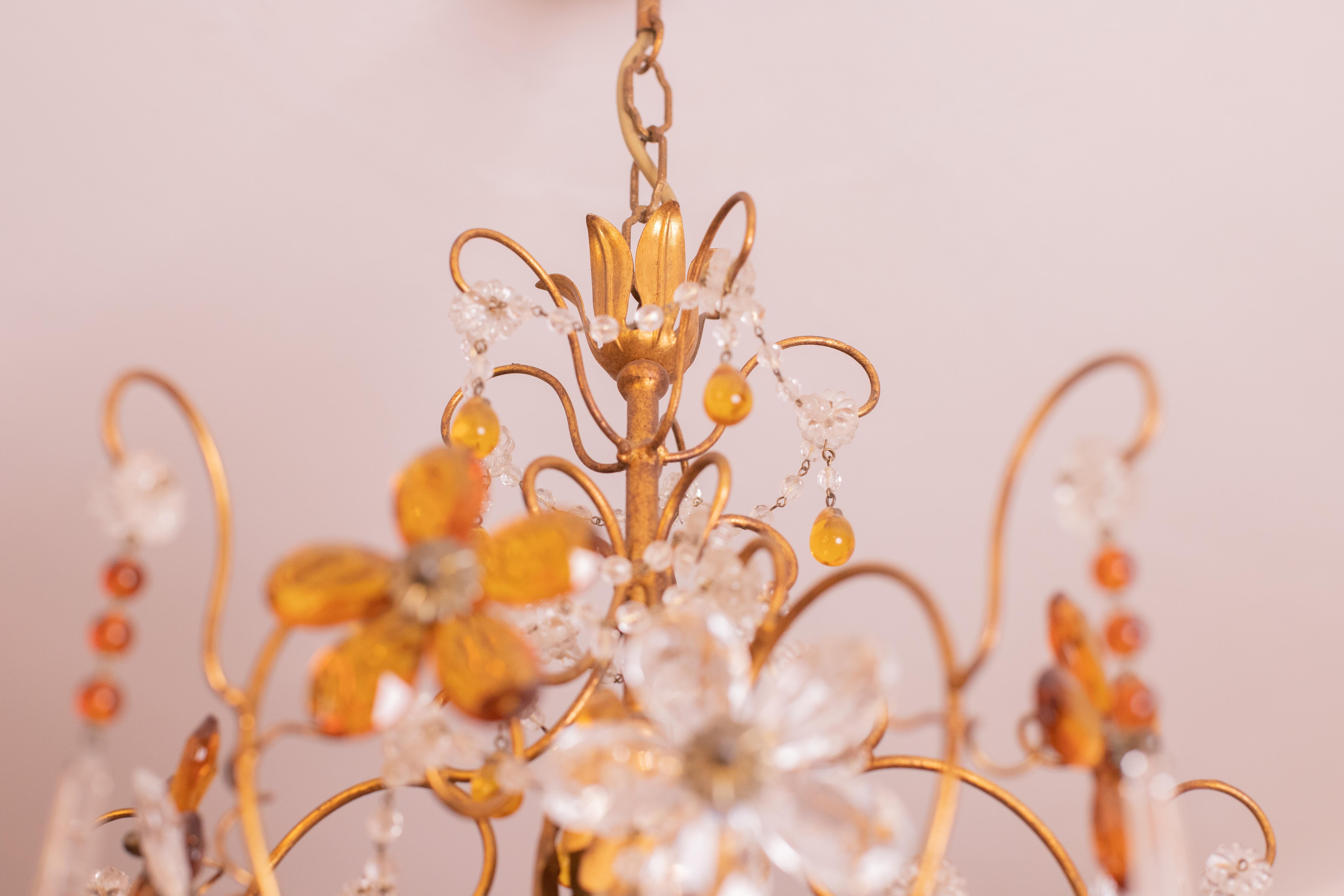 Crystal and Murano Glass Orange Flowers Chandelier, 1970s For Sale 3
