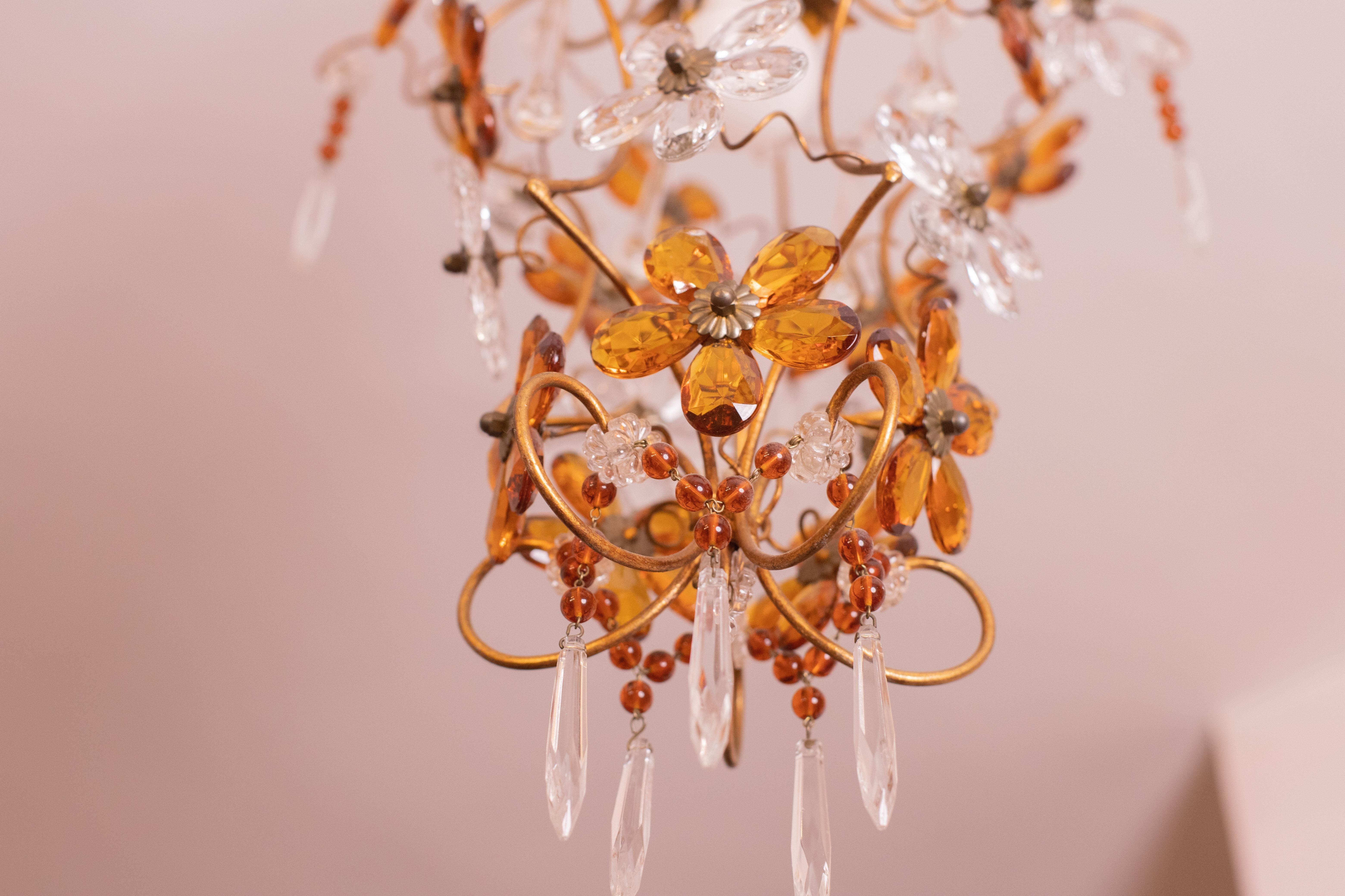 Crystal and Murano Glass Orange Flowers Chandelier, 1970s For Sale 4