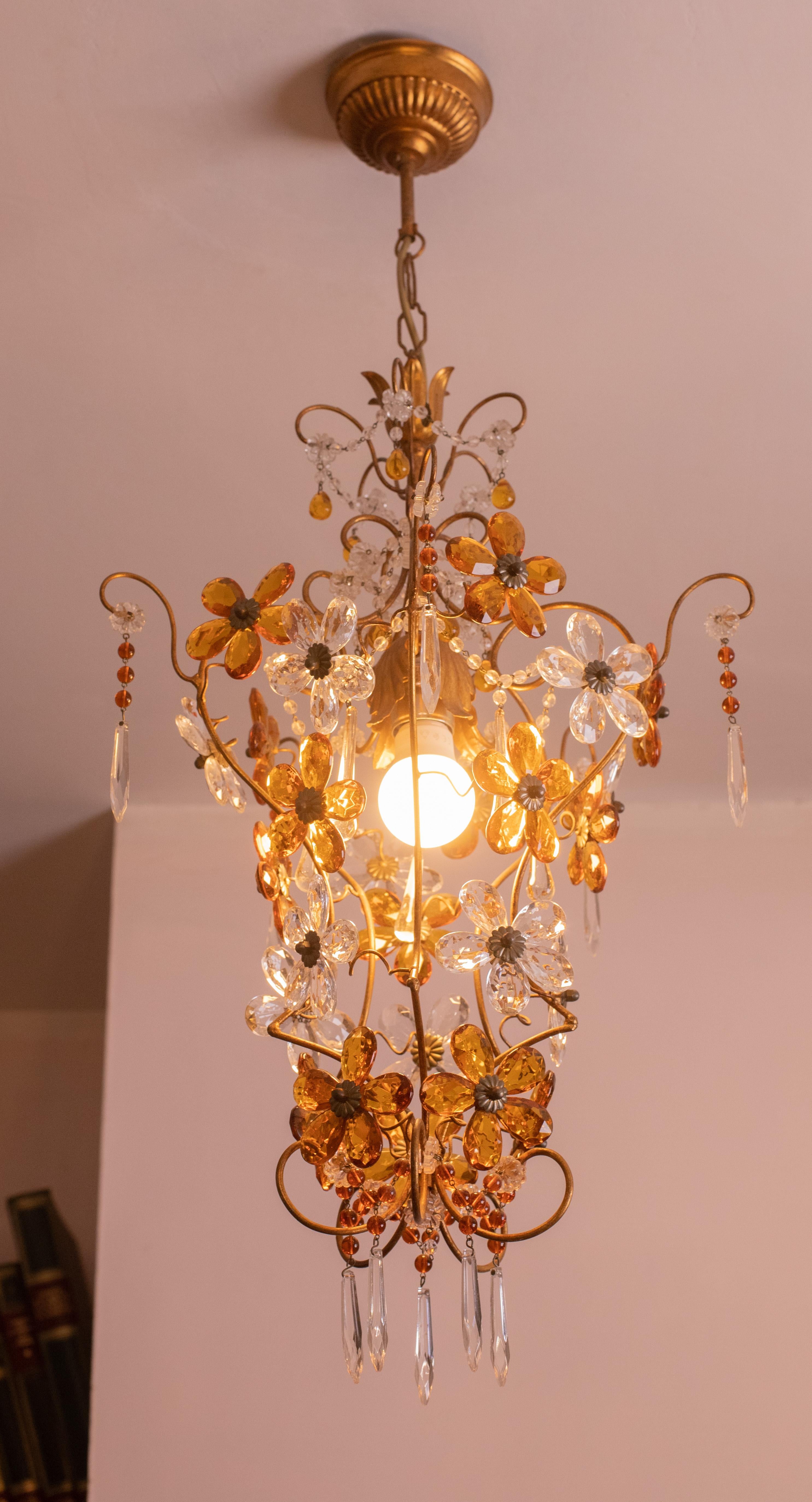 Crystal and Murano Glass Orange Flowers Chandelier, 1970s For Sale 5