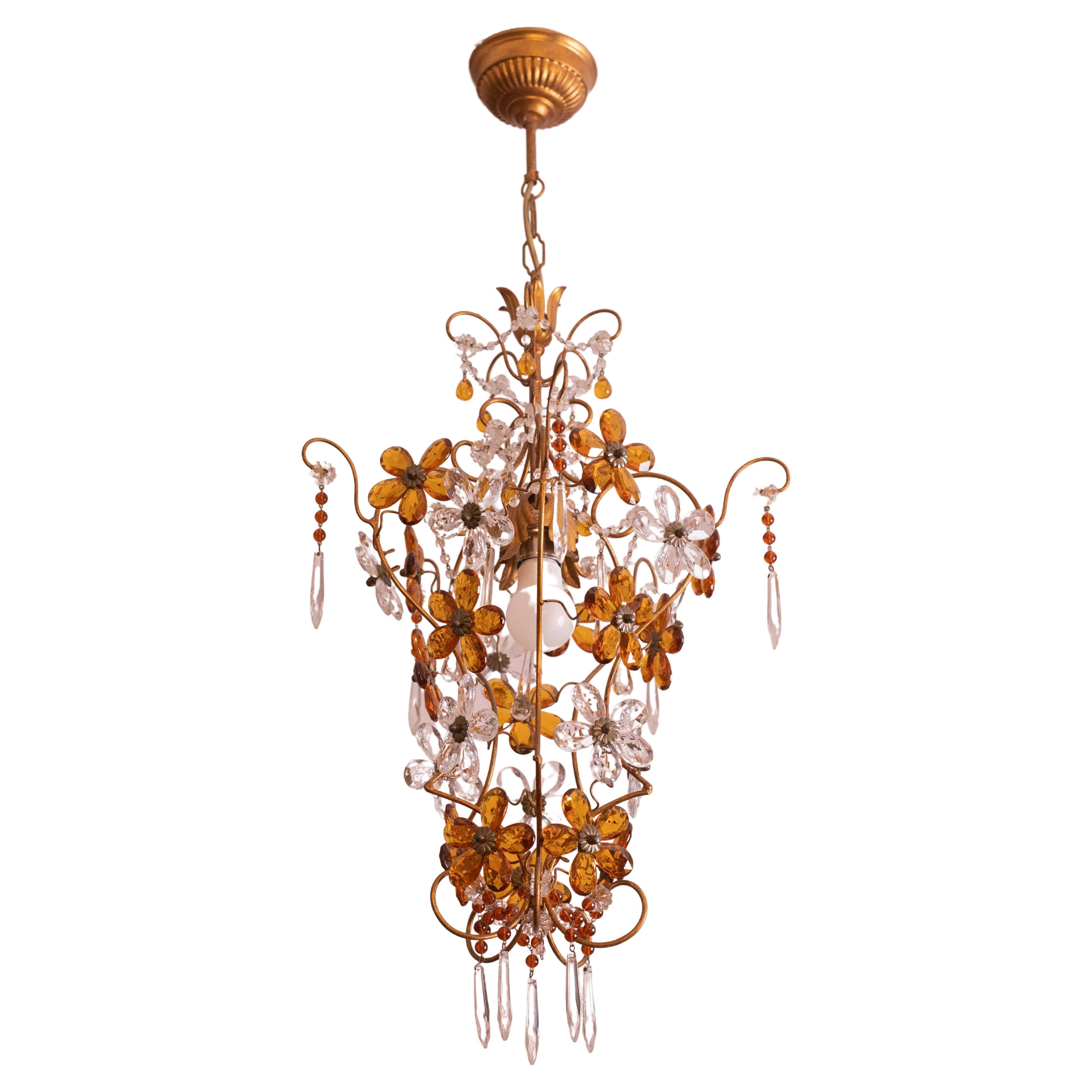 Crystal and Murano Glass Orange Flowers Chandelier, 1970s