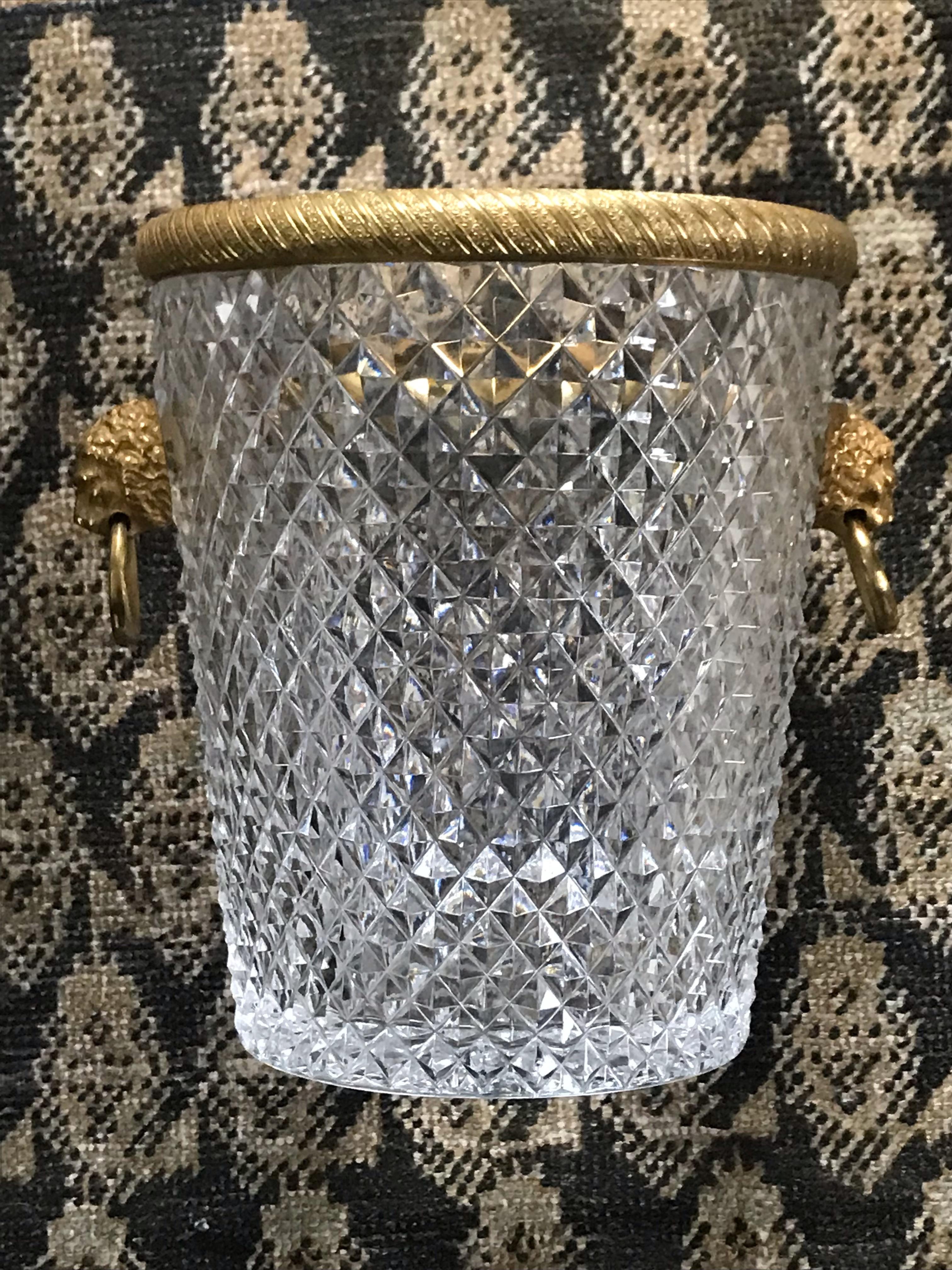 French Crystal and Ormolu Lion Head Ring-Handle Champagne Ice Bucket For Sale