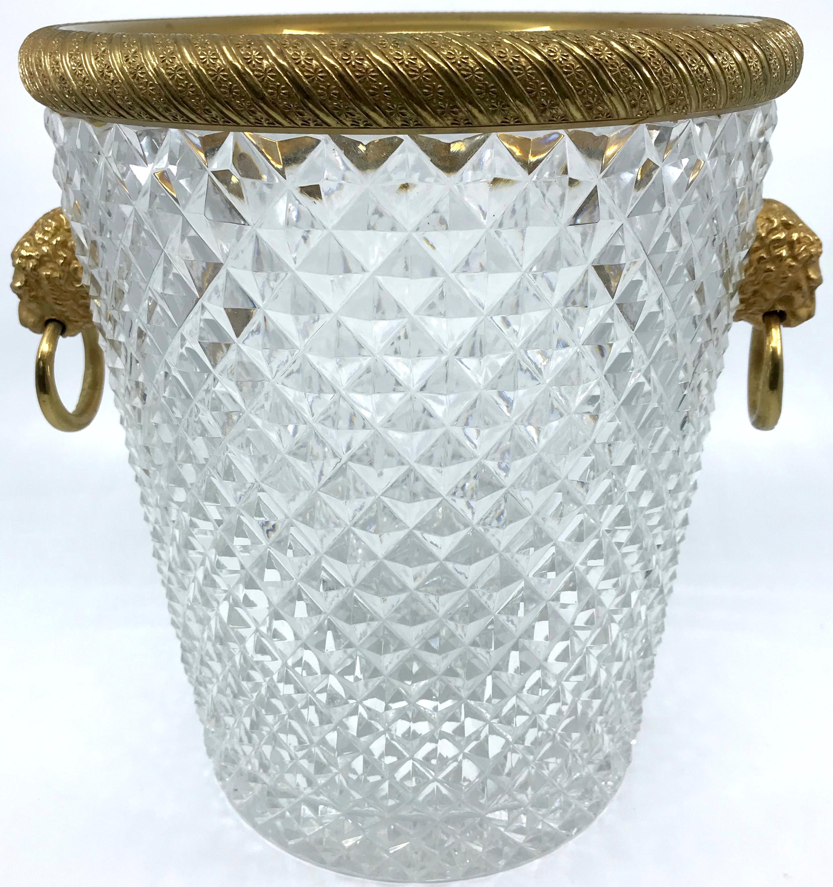 Hand-Crafted Crystal and Ormolu Lion Head Ring-Handle Champagne Ice Bucket For Sale