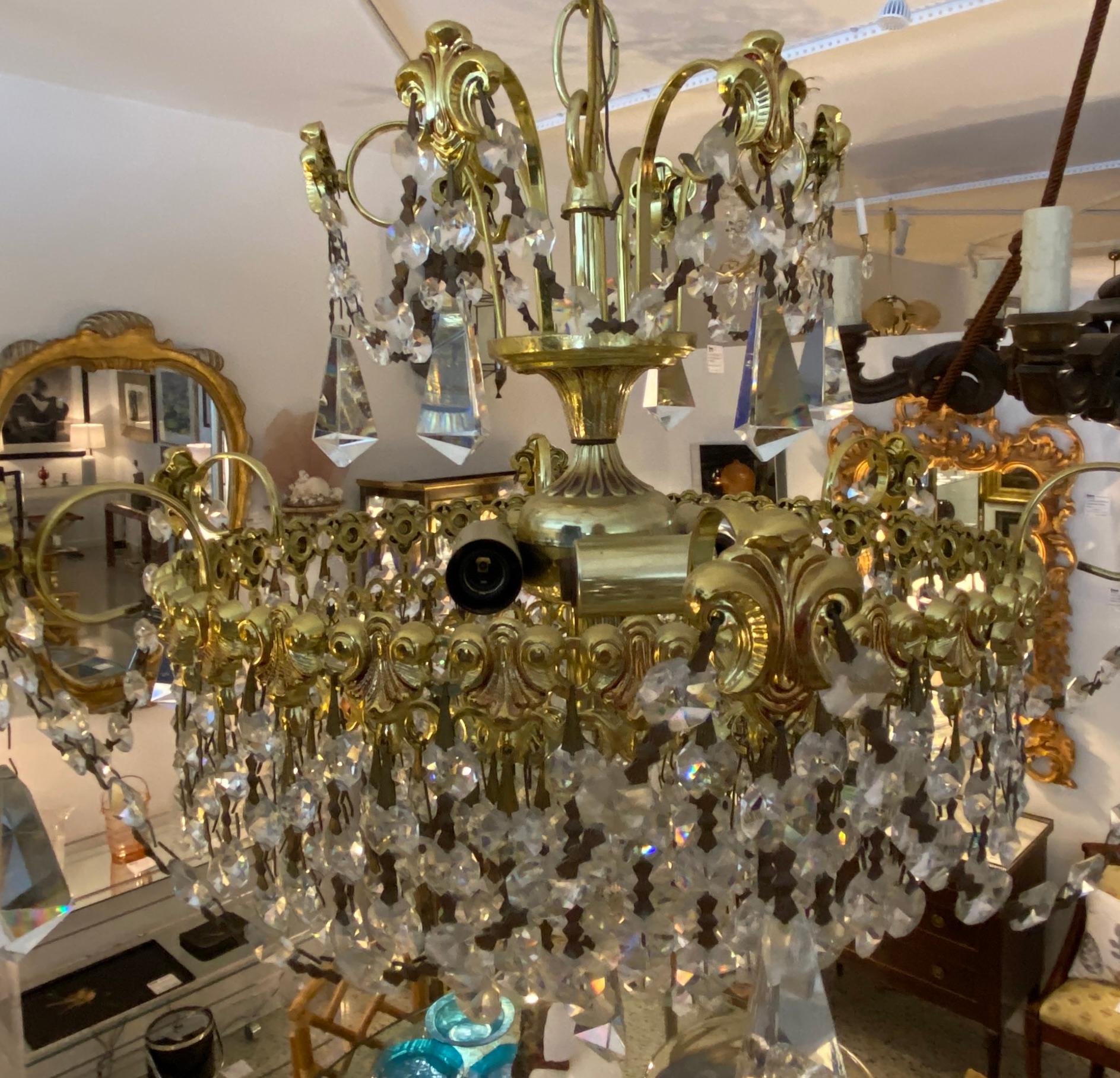 Crystal and Polished Brass Chandelier For Sale 6