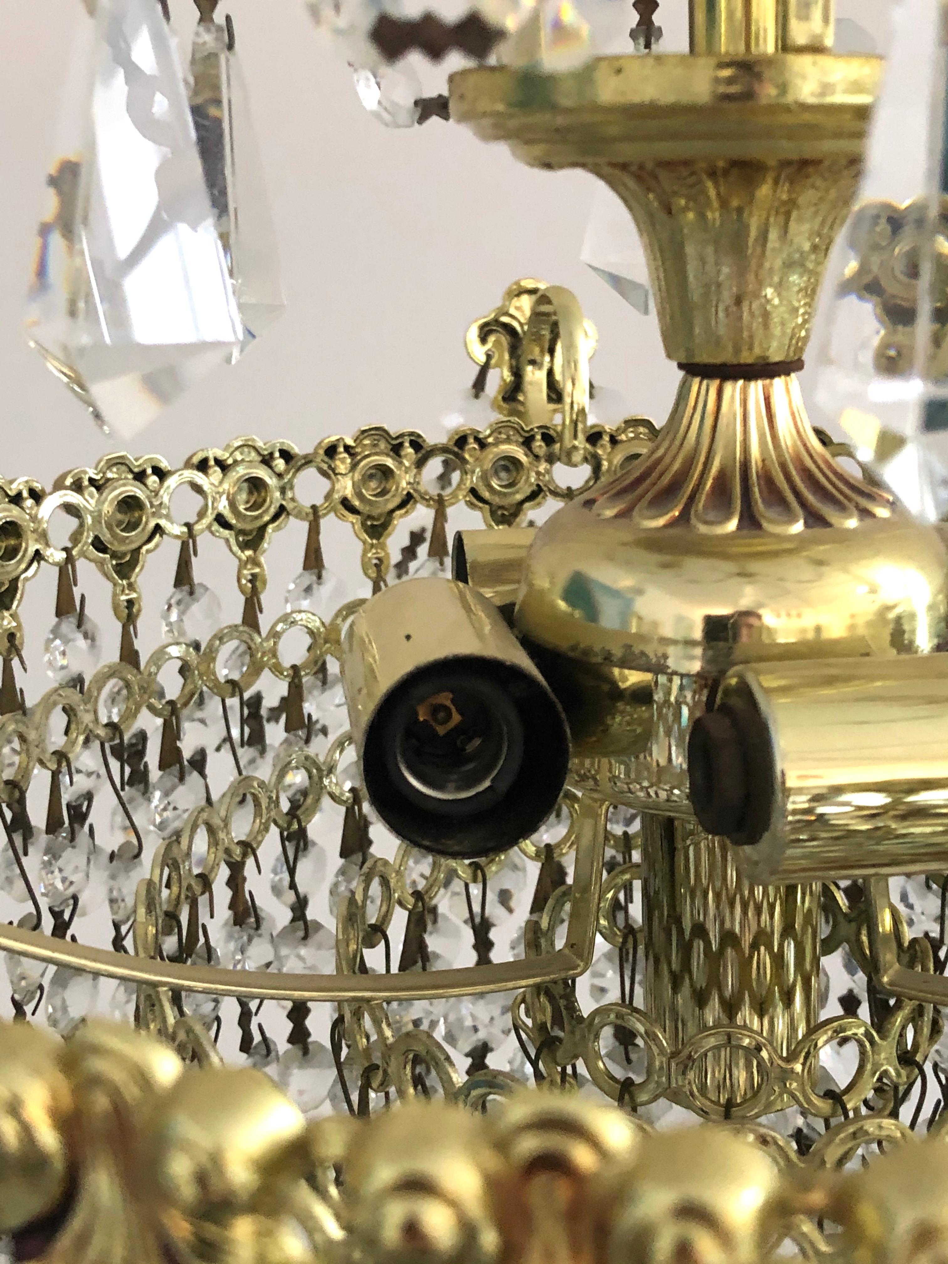 Hollywood Regency Crystal and Polished Brass Chandelier For Sale
