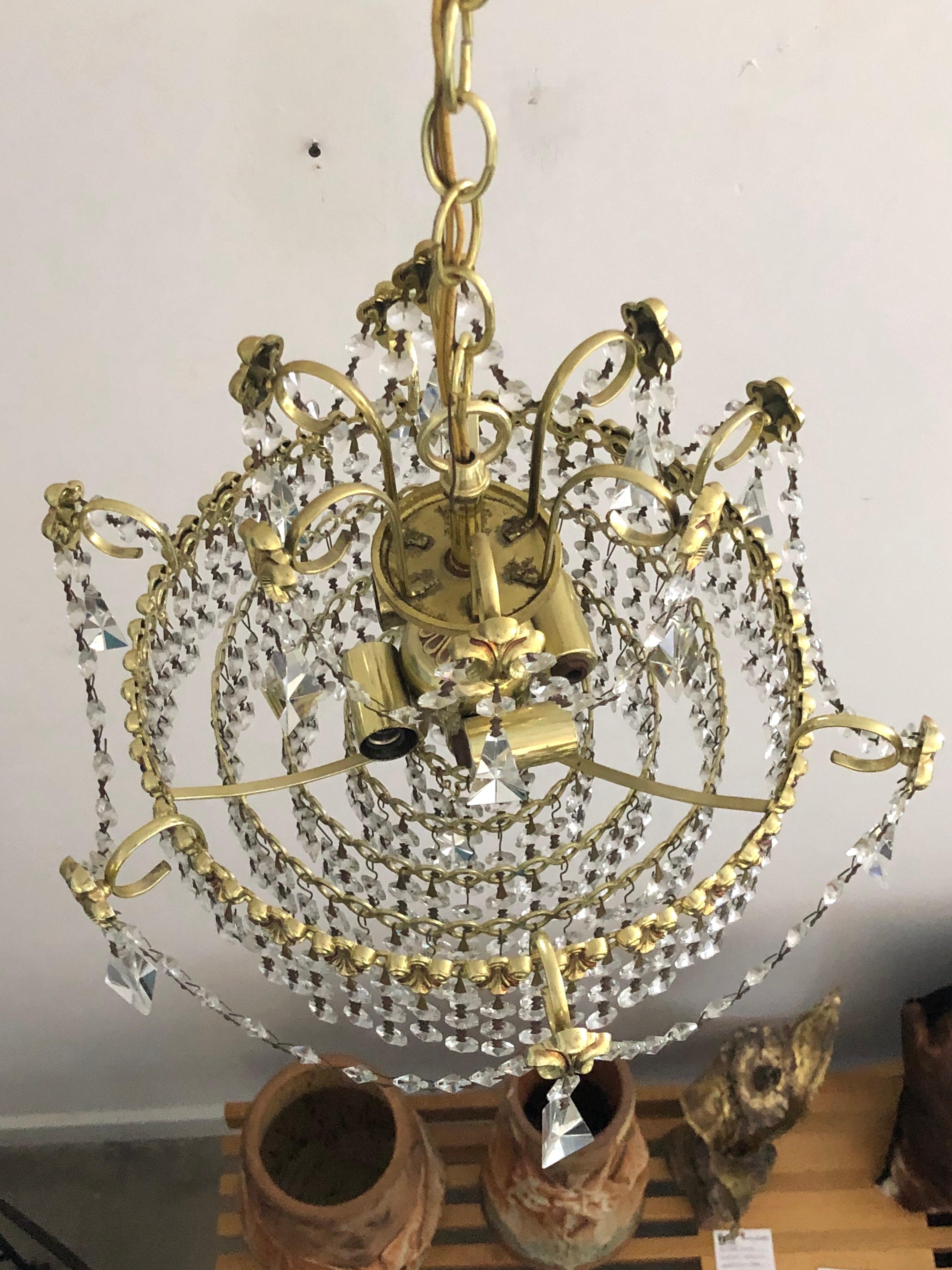 Crystal and Polished Brass Chandelier For Sale 2