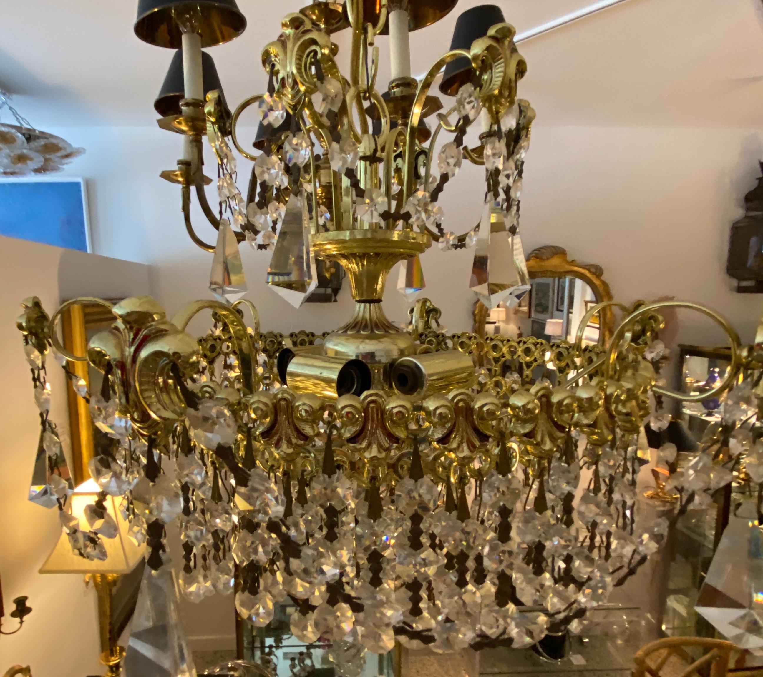 Crystal and Polished Brass Chandelier For Sale 3
