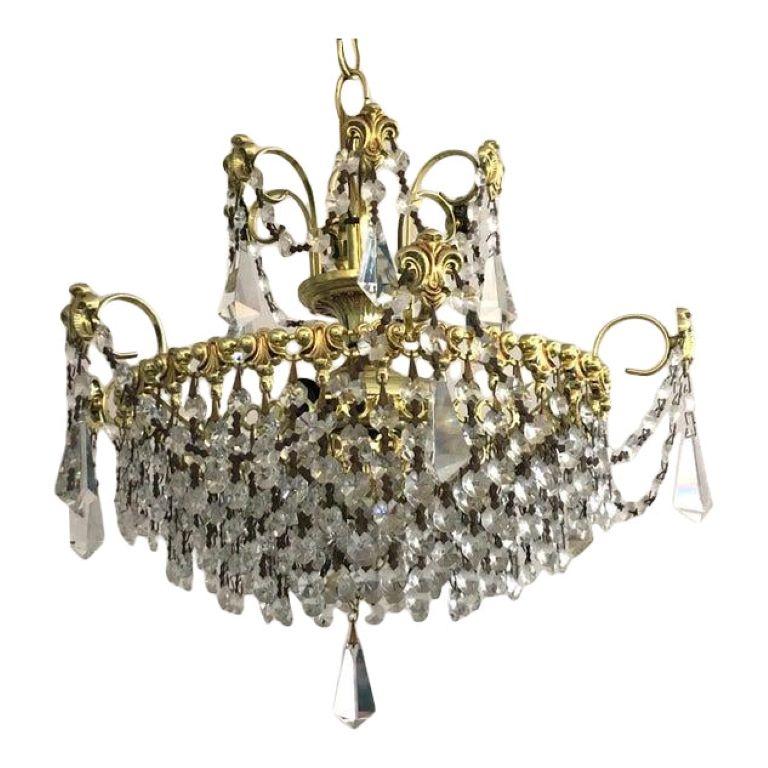 Crystal and Polished Brass Chandelier For Sale at 1stDibs
