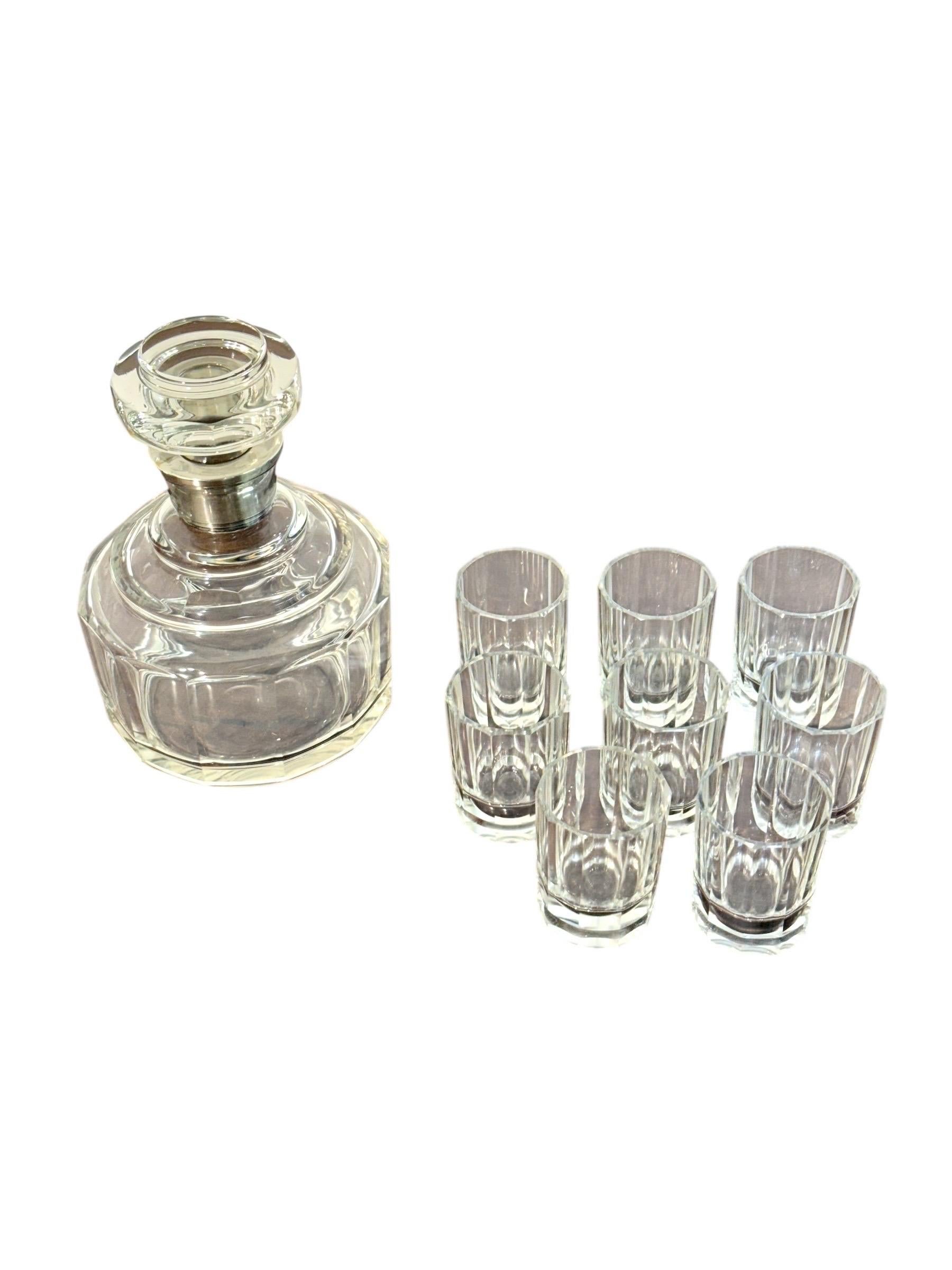 20th Century Crystal and Silver Decanter with Eight Matching Liqueur Glasses, c.1900 For Sale