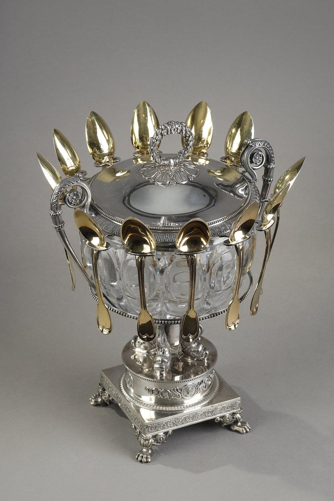 Vermeil Bol à confiture ou à sucre en cristal et argent en vente