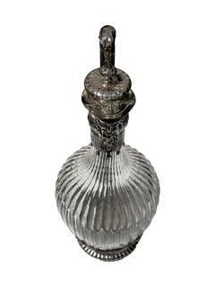 French Ewer wine service, cut Crystal handle ornate chiseled solid silver 19th