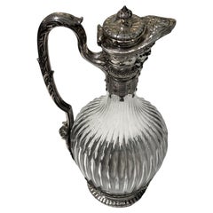French Ewer wine service, cut Crystal handle ornate chiseled solid silver 19th