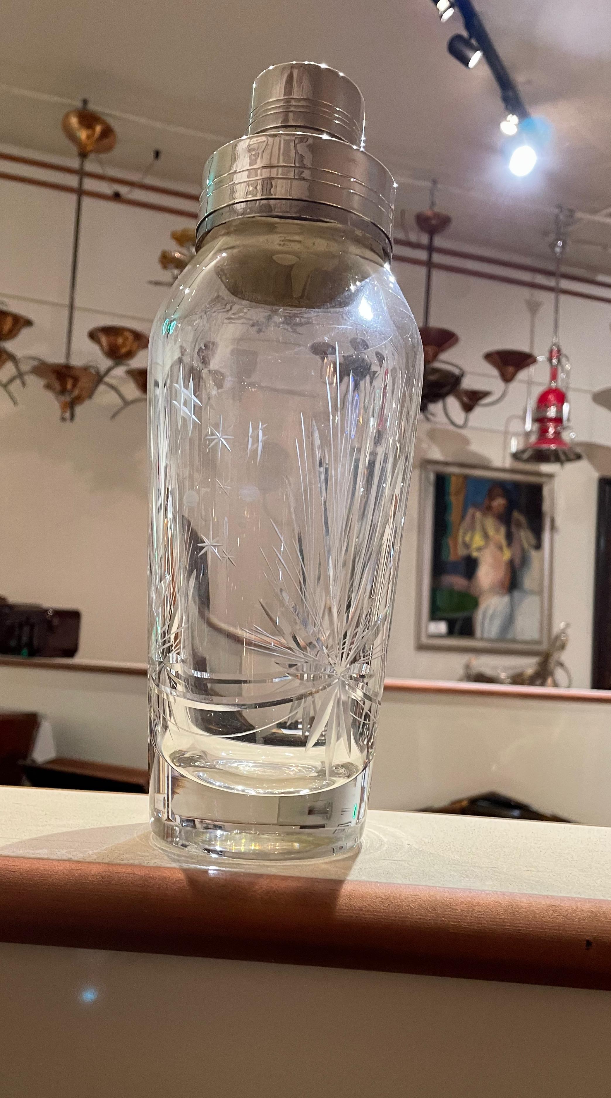 Crystal and Silver Martini Cocktail Shaker In Good Condition In Oakland, CA