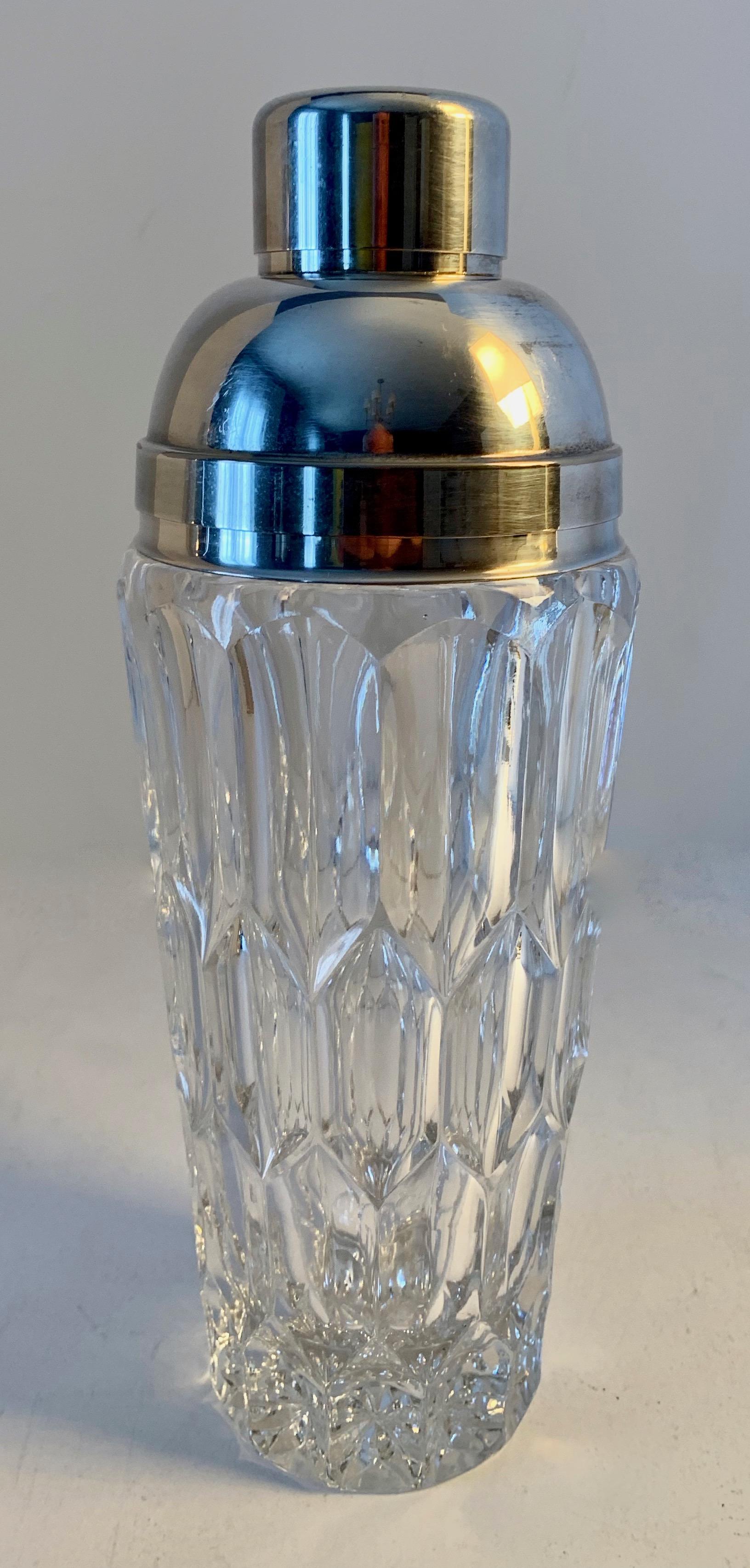 Crystal and silver plate cocktail shaker, a handsome and sophisticated midcentury cocktail shaker well suited for any bar. The straining top is fitted with a cork, perfect for the best bar!