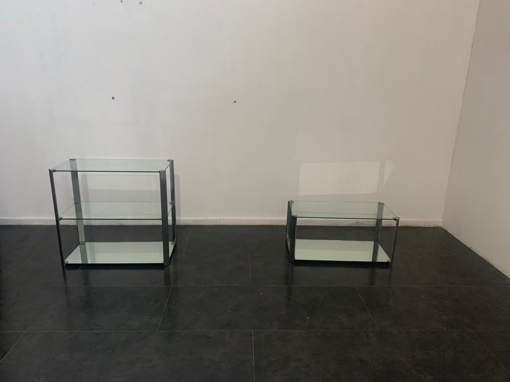 Italian Crystal and Steel Coffee Table and Small Cabinet for Living Room 1970s, Set of 2 For Sale